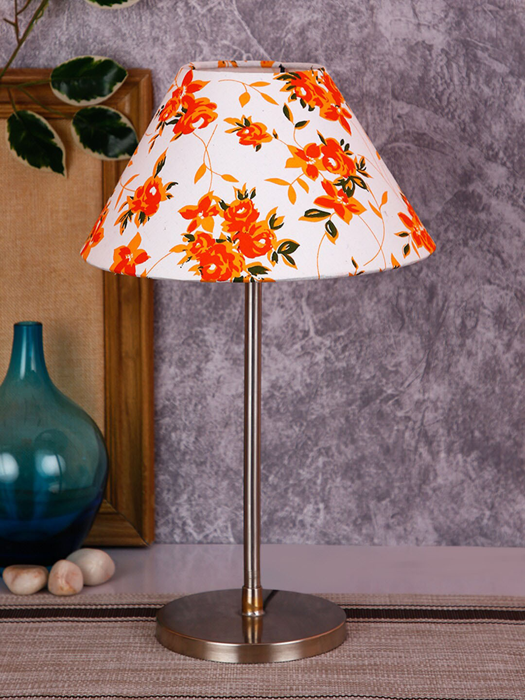 Devansh White & Orange Printed Bedside Table Lamp