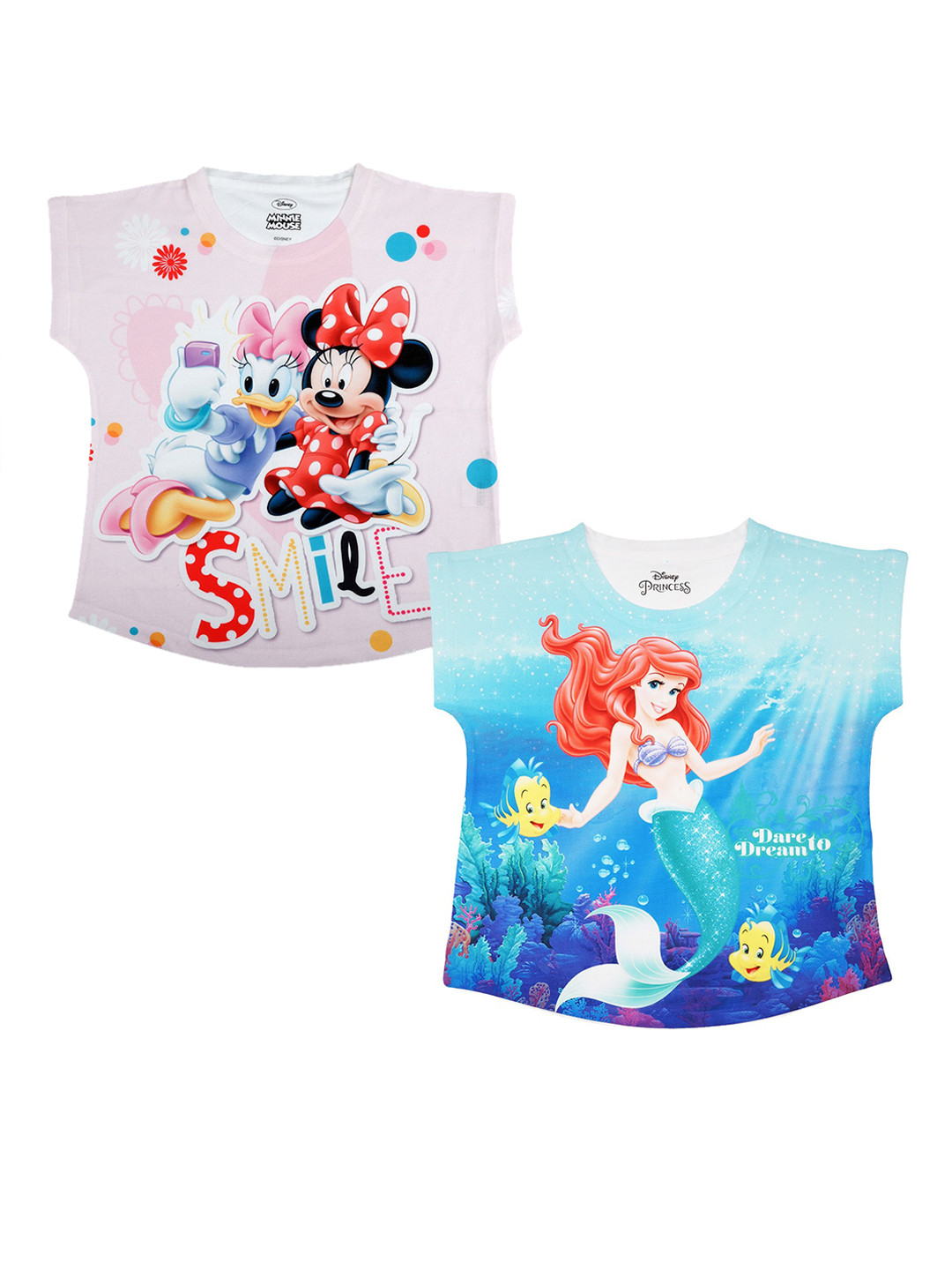 Disney by Wear Your Mind Girls Pack Of 2 Pink & Blue Mickey & Friends & Ariel Printed Tops