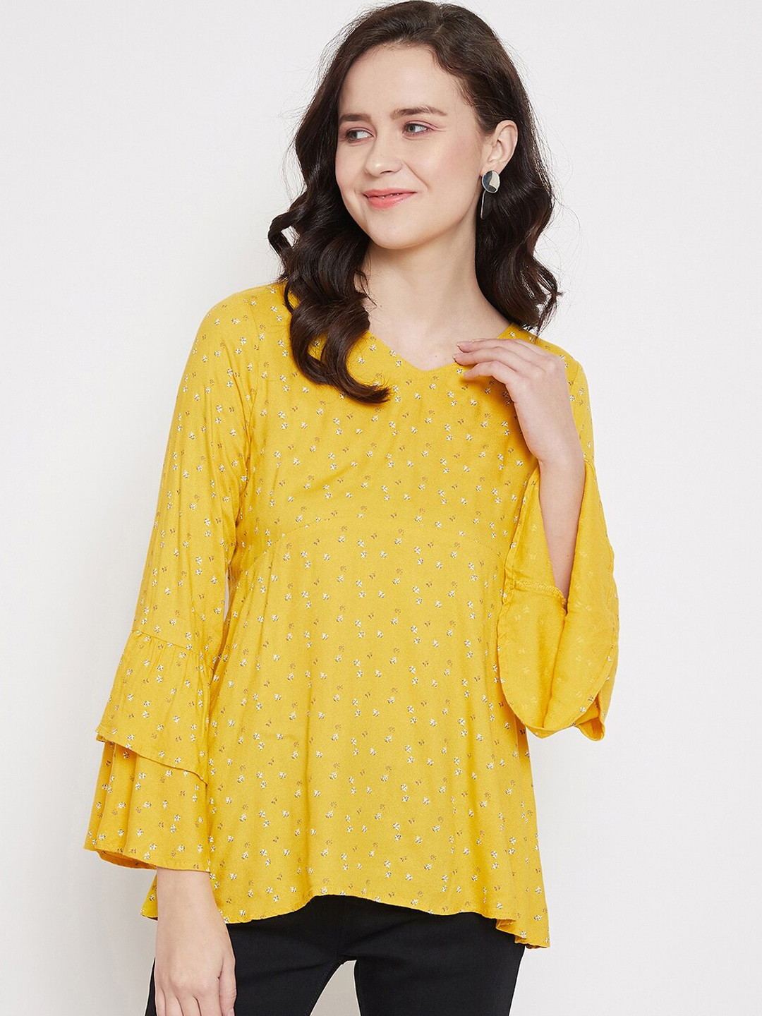 Crimsoune Club Yellow Printed Flared Sleeves Top