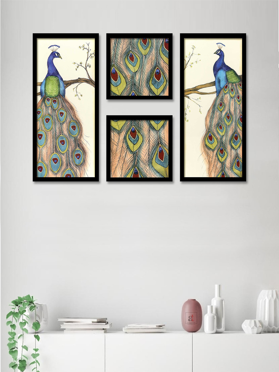 Art Street Set Of 4 Beige & Blue Peacock Printed Framed Wall Art