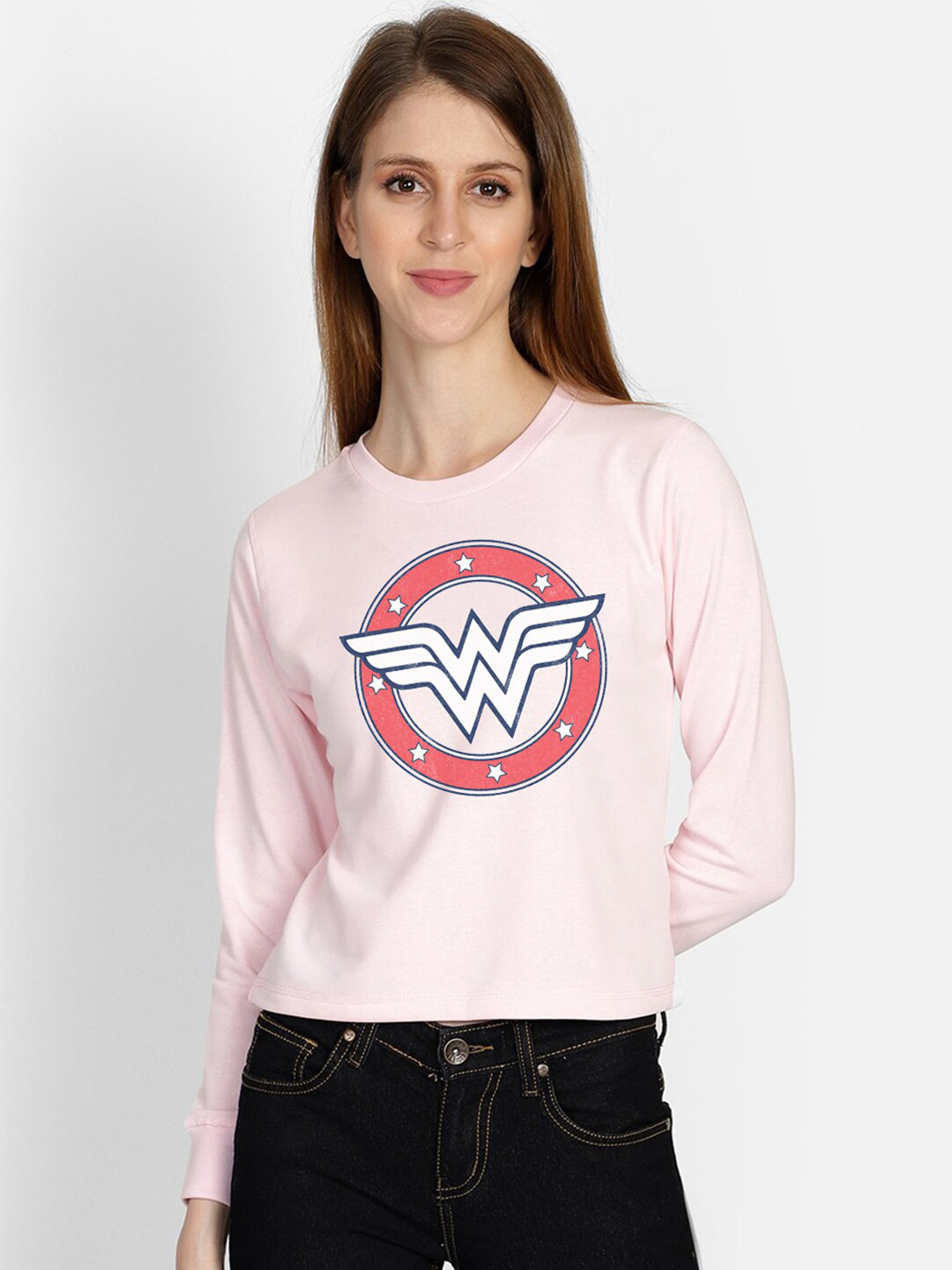 Free Authority Wonder Woman Print Pink Crop Sweatshirt for Women