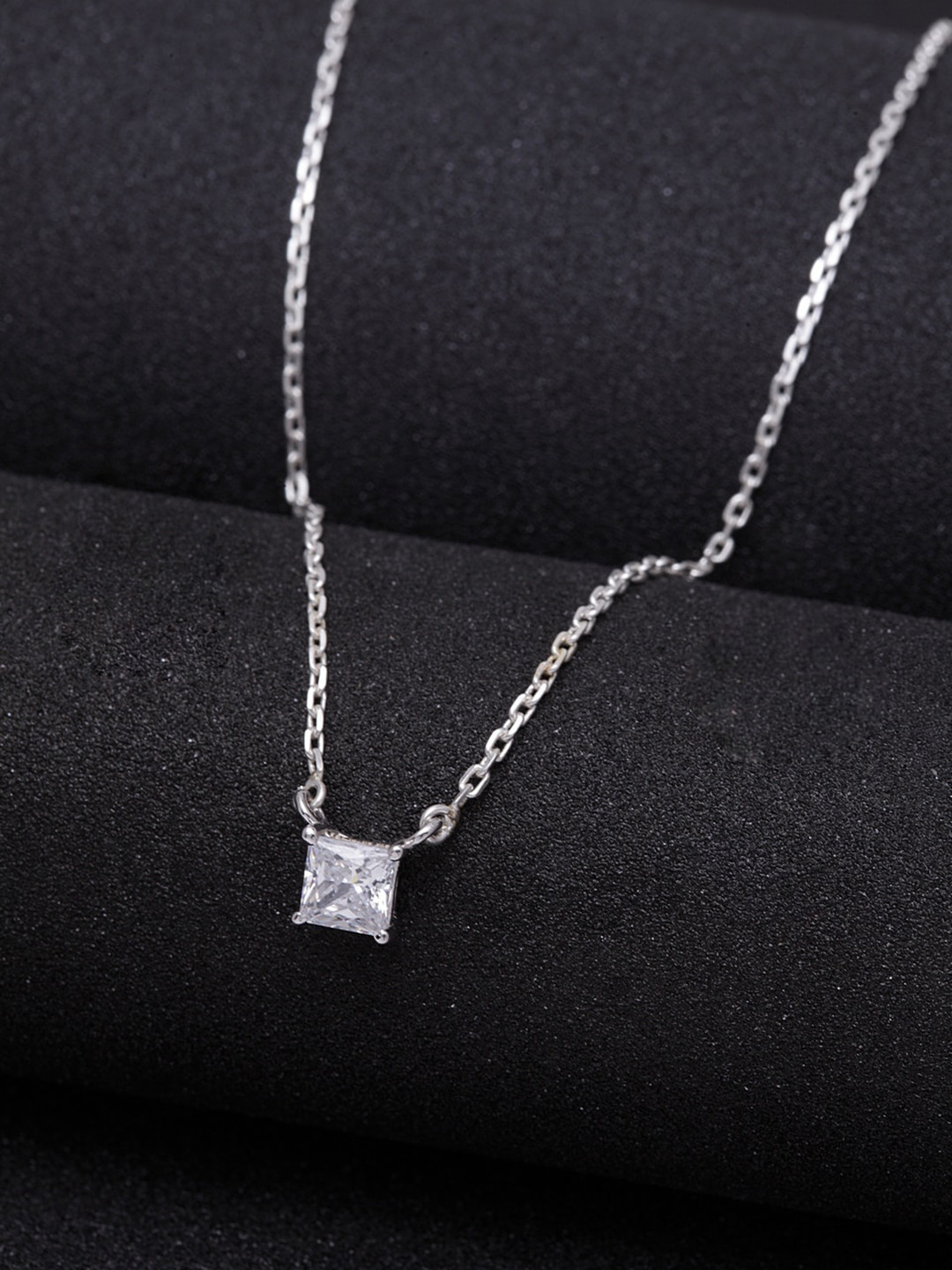 Clara 92.5 Sterling Silver Rhodium-Plated White CZ-Studded Square-Shaped Pendant With Chain