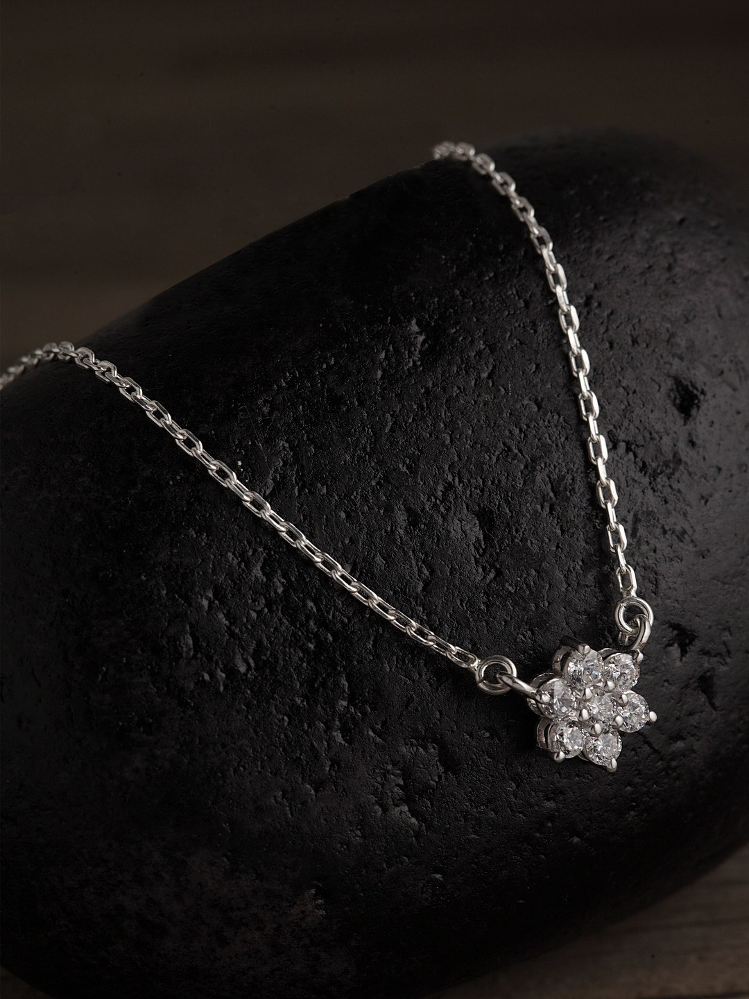 Clara 92.5 Sterling Silver Rhodium-Plated Silver-Toned & White CZ -Studded Pendant With Chain
