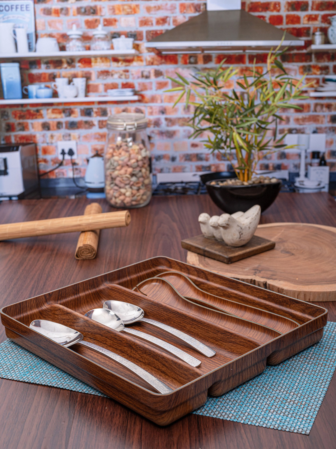 GOODHOMES Brown Wooden Finish 3 Compartment Cutlery Tray