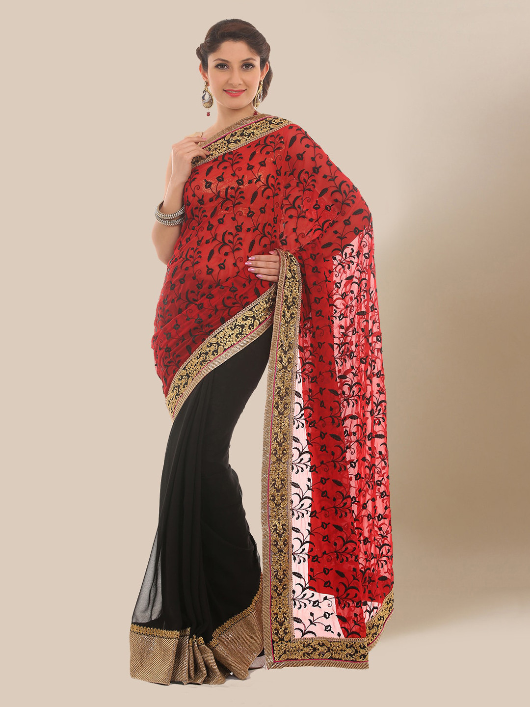 Chhabra 555 Red & Black Poly Georgette Floral Embroidered Saree