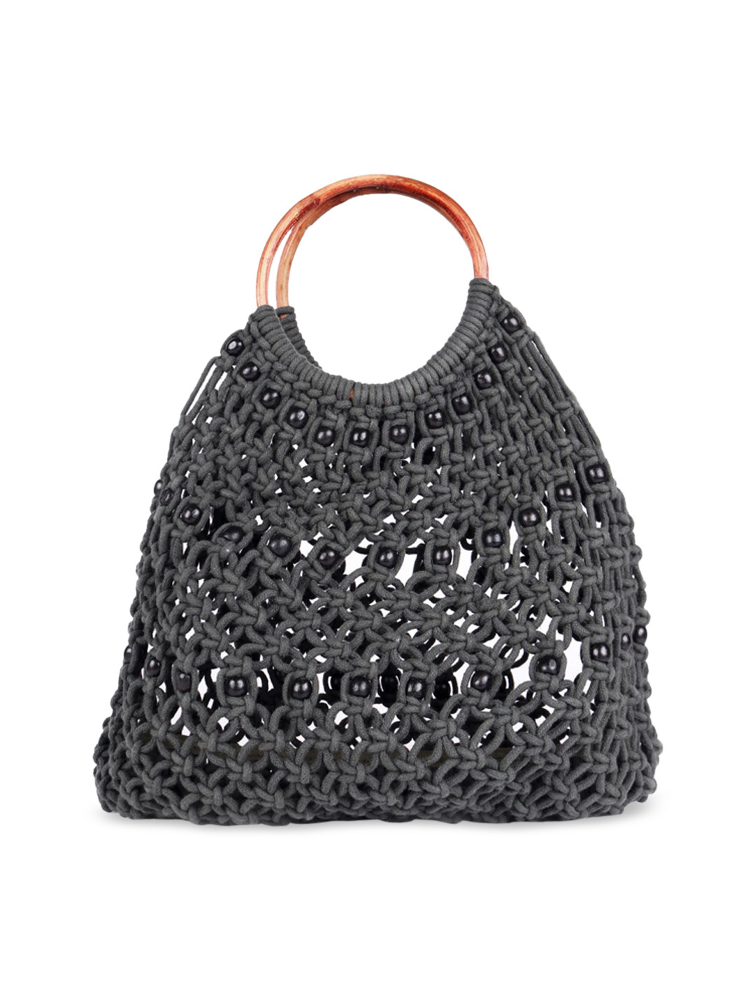 ASTRID Charcoal Grey Self Design Handheld Bag with Wooden Handle