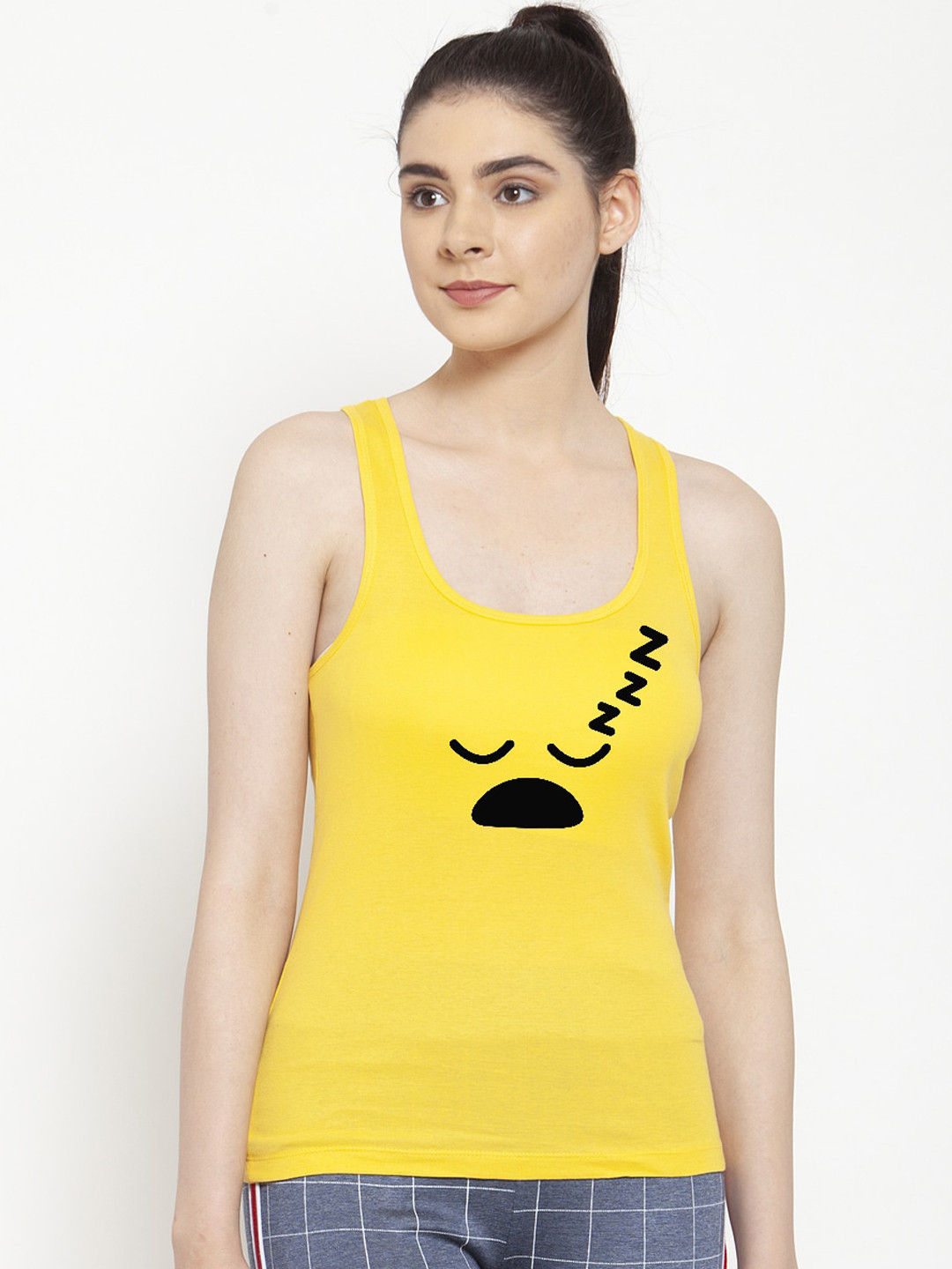 Friskers Women Yellow & Black Printed Tank Top