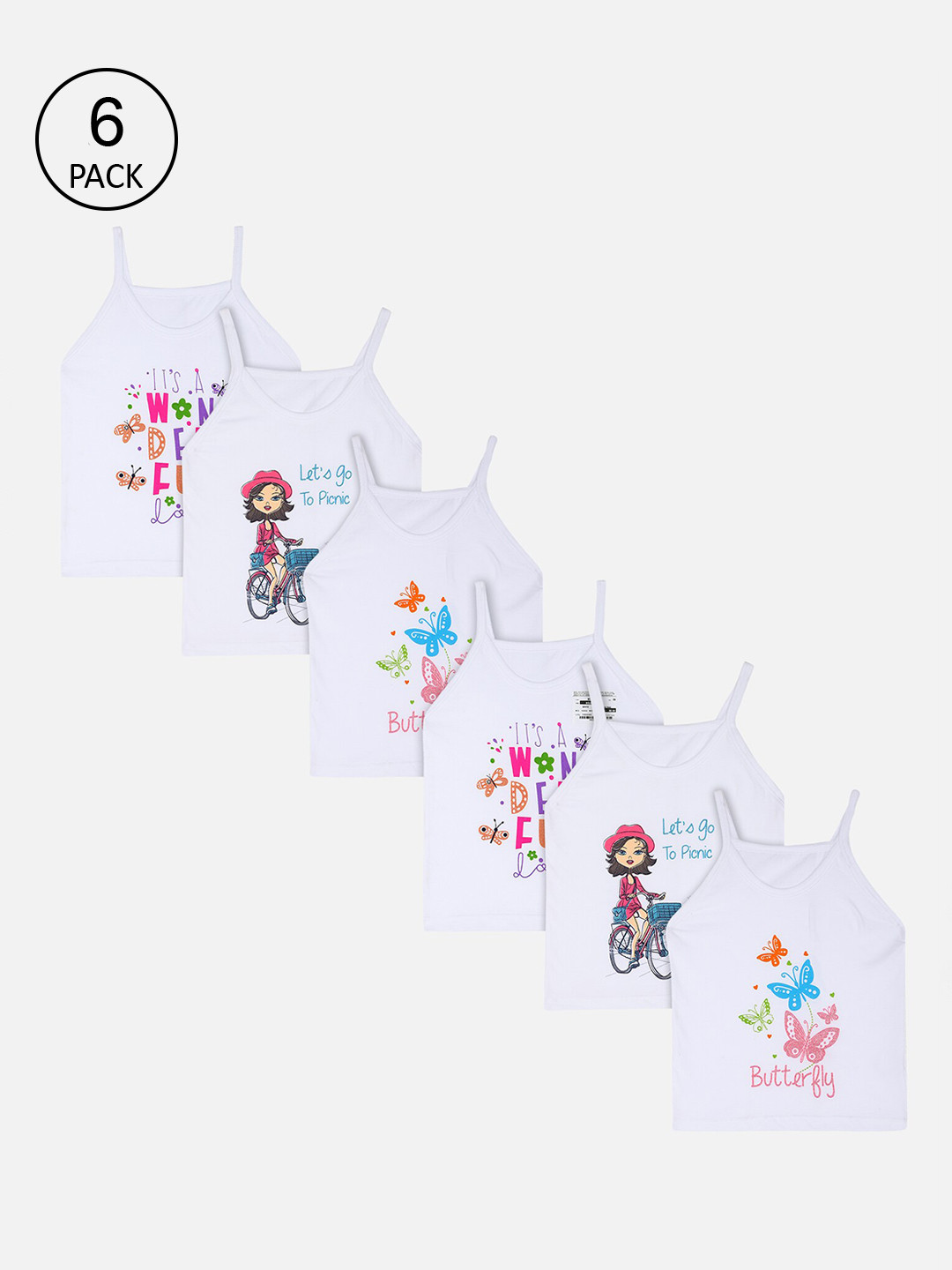 Bodycare Girls Pack Of 6 White Printed Camisoles KIAE76-PK001