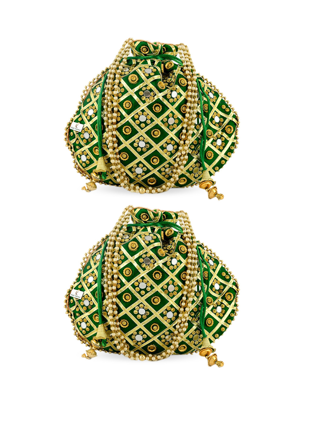 Kuber Industries Set of 2 Green Silk Traditional Printed Tote Hand Bag