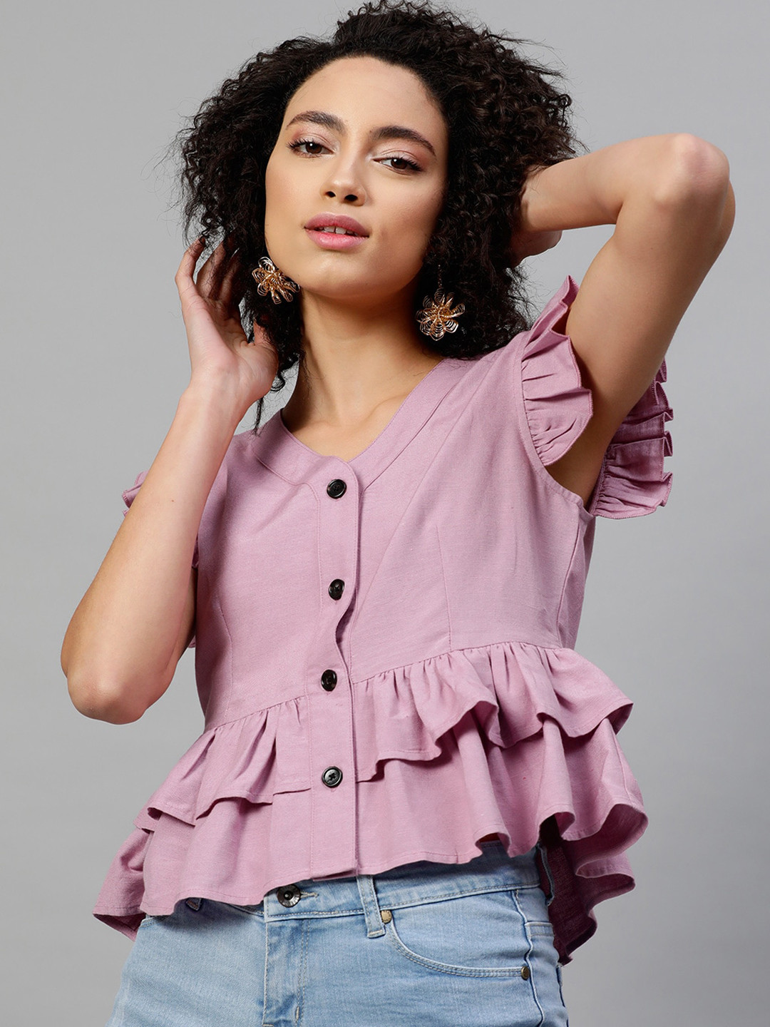 STREET 9 Purple Flutter Sleeves Cotton Peplum Top