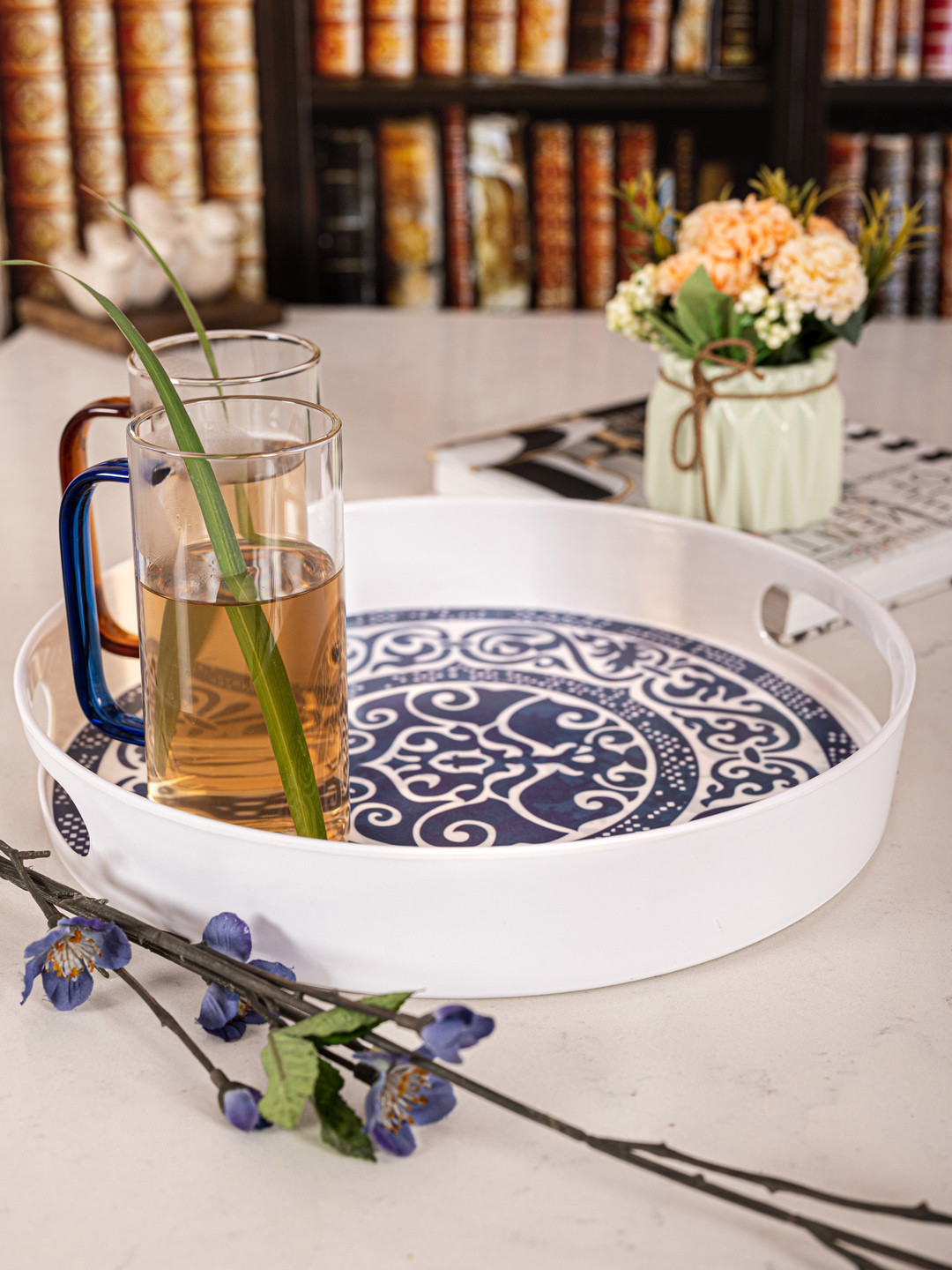GOODHOMES White & Navy Blue Printed Melamine Round Serving Tray