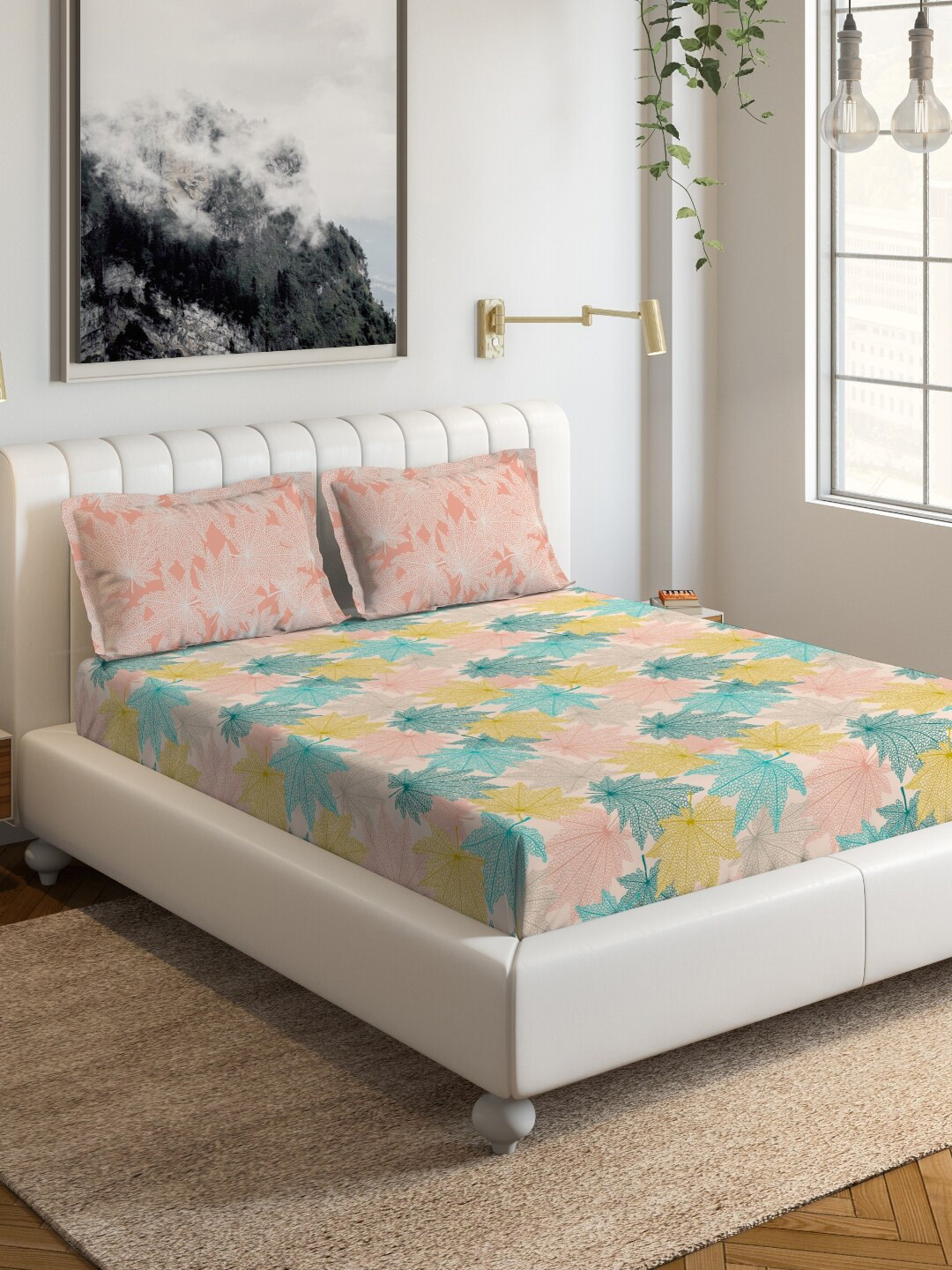 DDecor Turquoise Blue & Yellow Floral 144 TC Cotton 1  Queen Bedsheet with 2 Pillow Covers