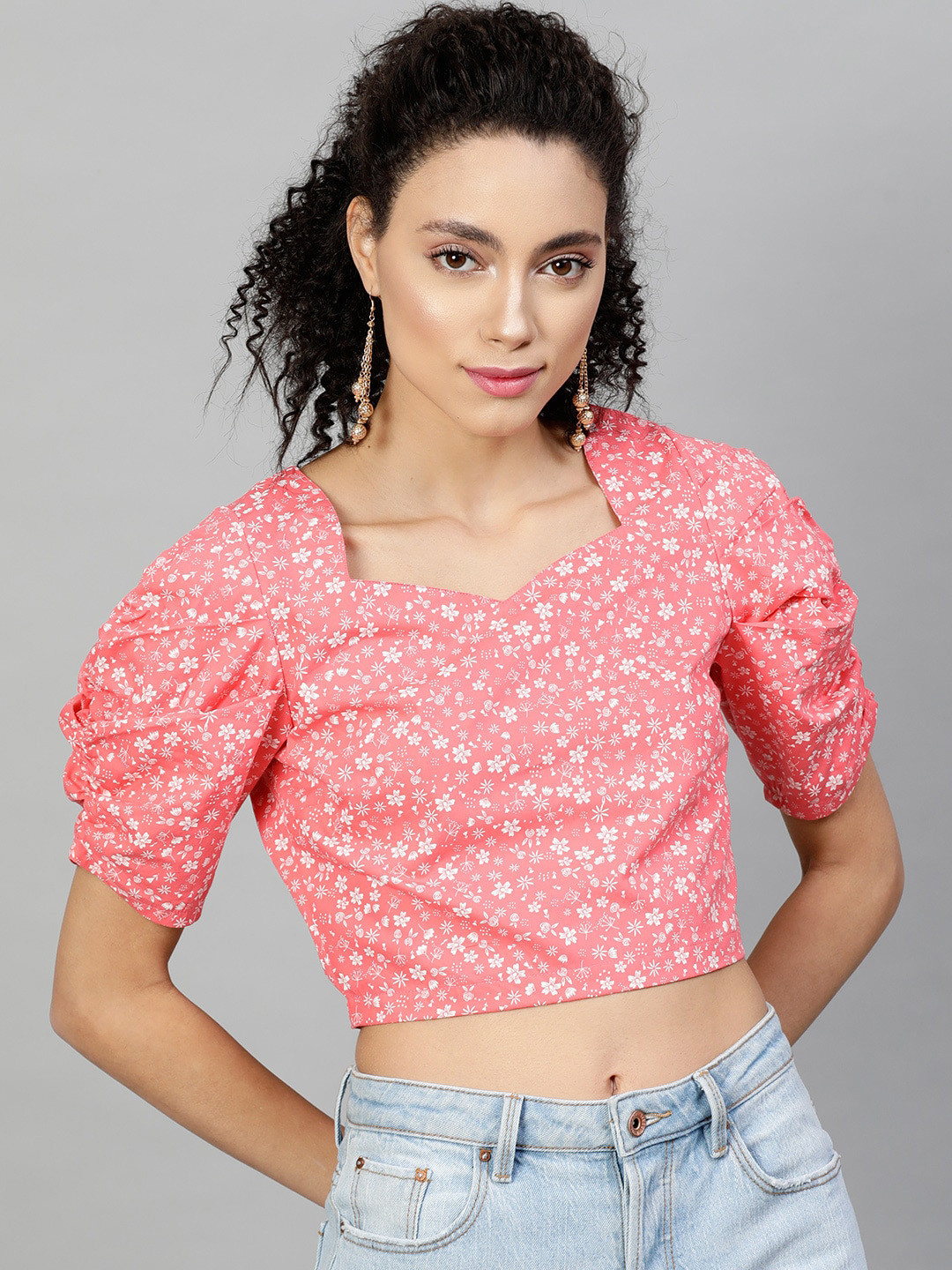 STREET 9 Pink Floral Printed Sweetheart Neck Cotton Crop Top