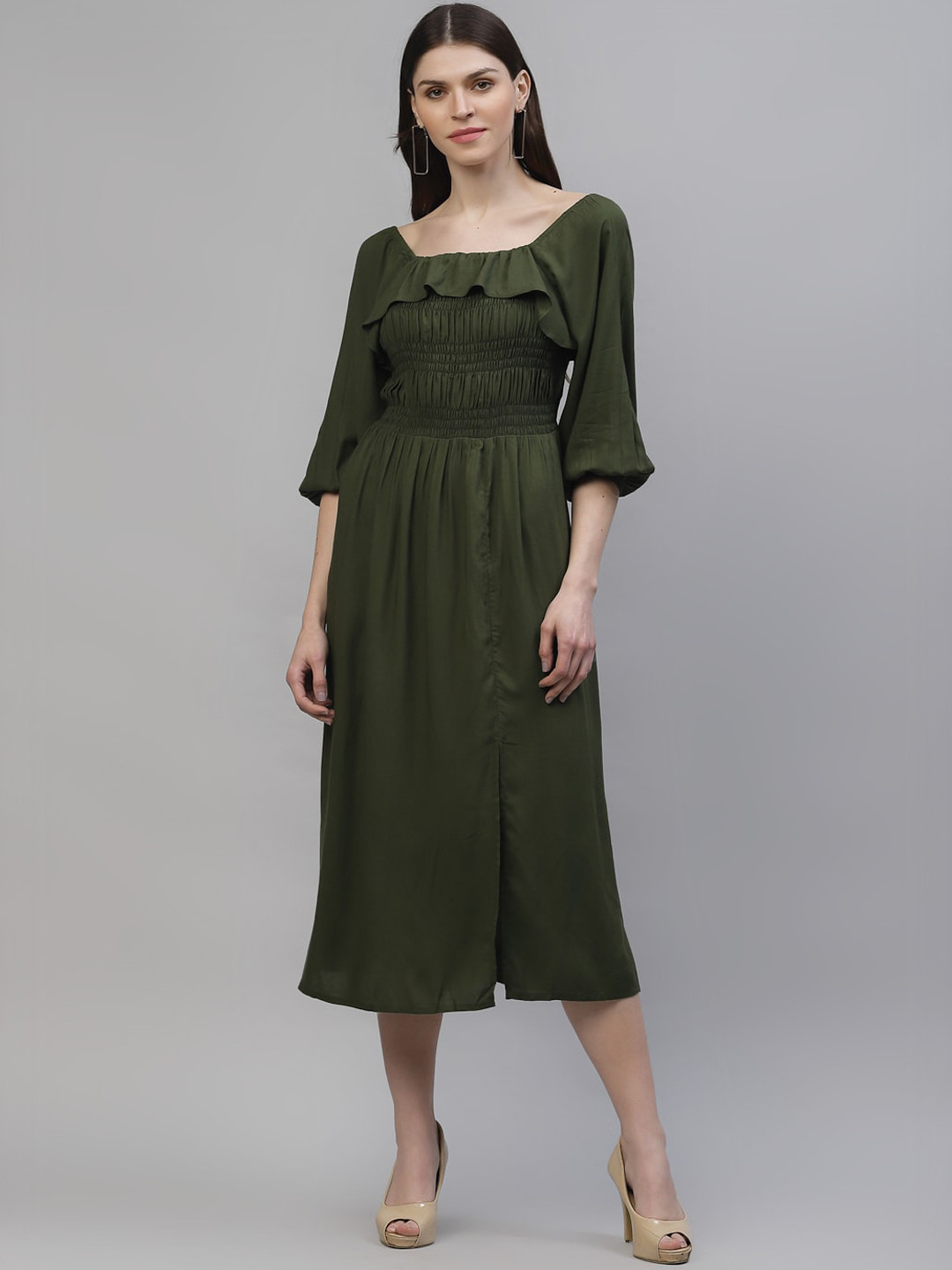 Athena Women Olive Green Solid Empire Dress