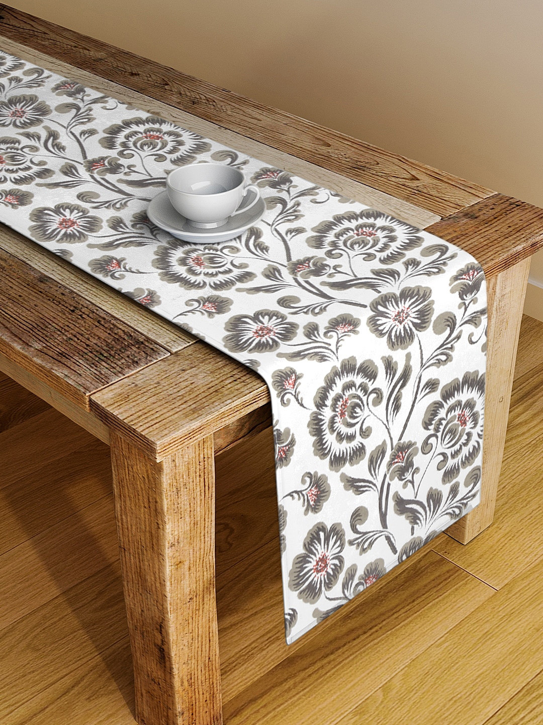 BLANC9 Grey & White Floral Printed Cotton Table Runner