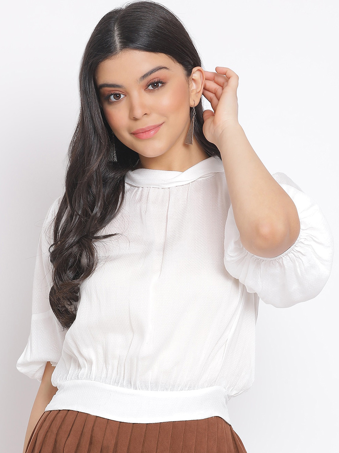 Oxolloxo White Puff Sleeves Crepe Blouson Top