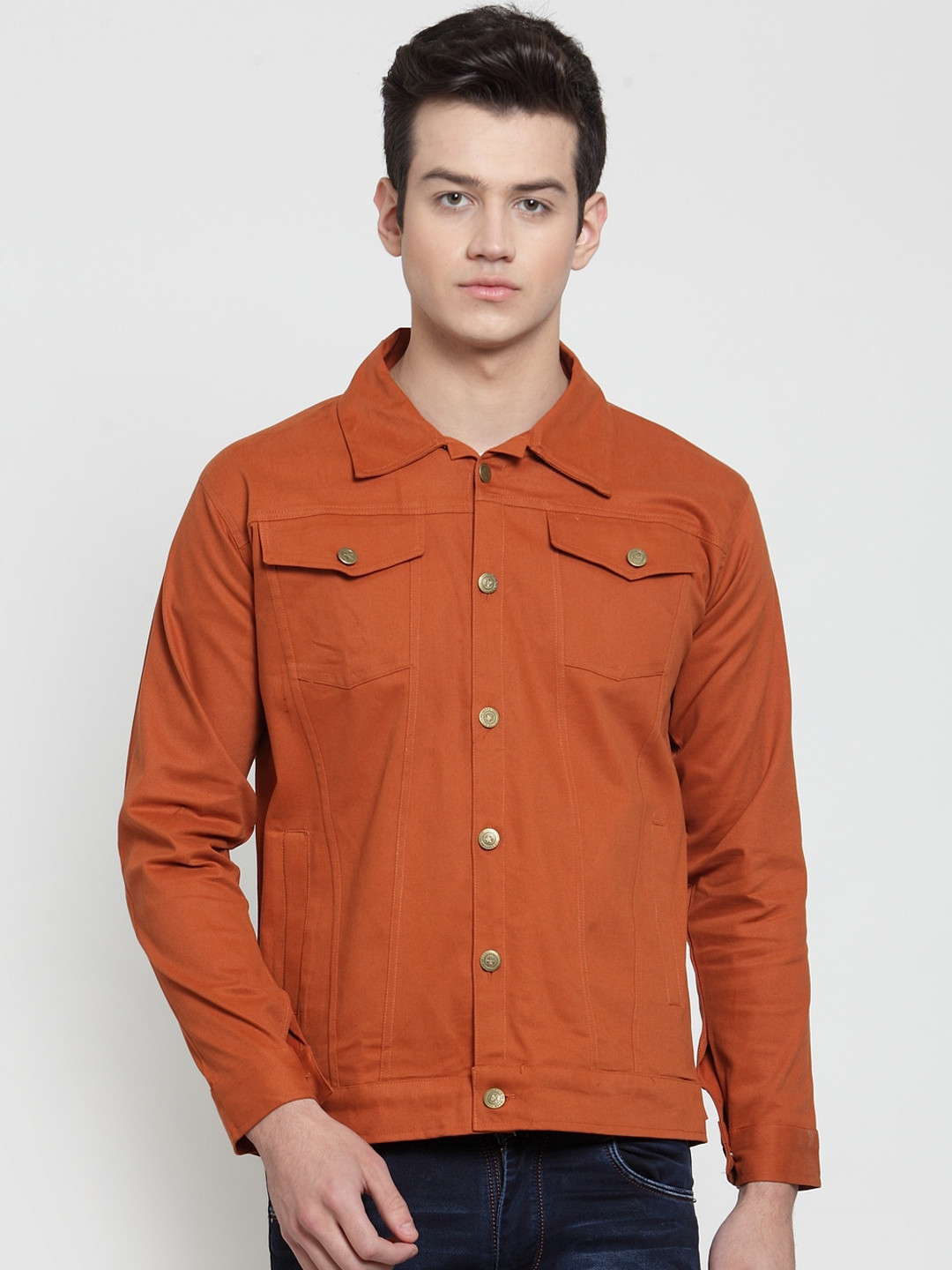 VOXATI Men Rust Solid Denim Jacket
