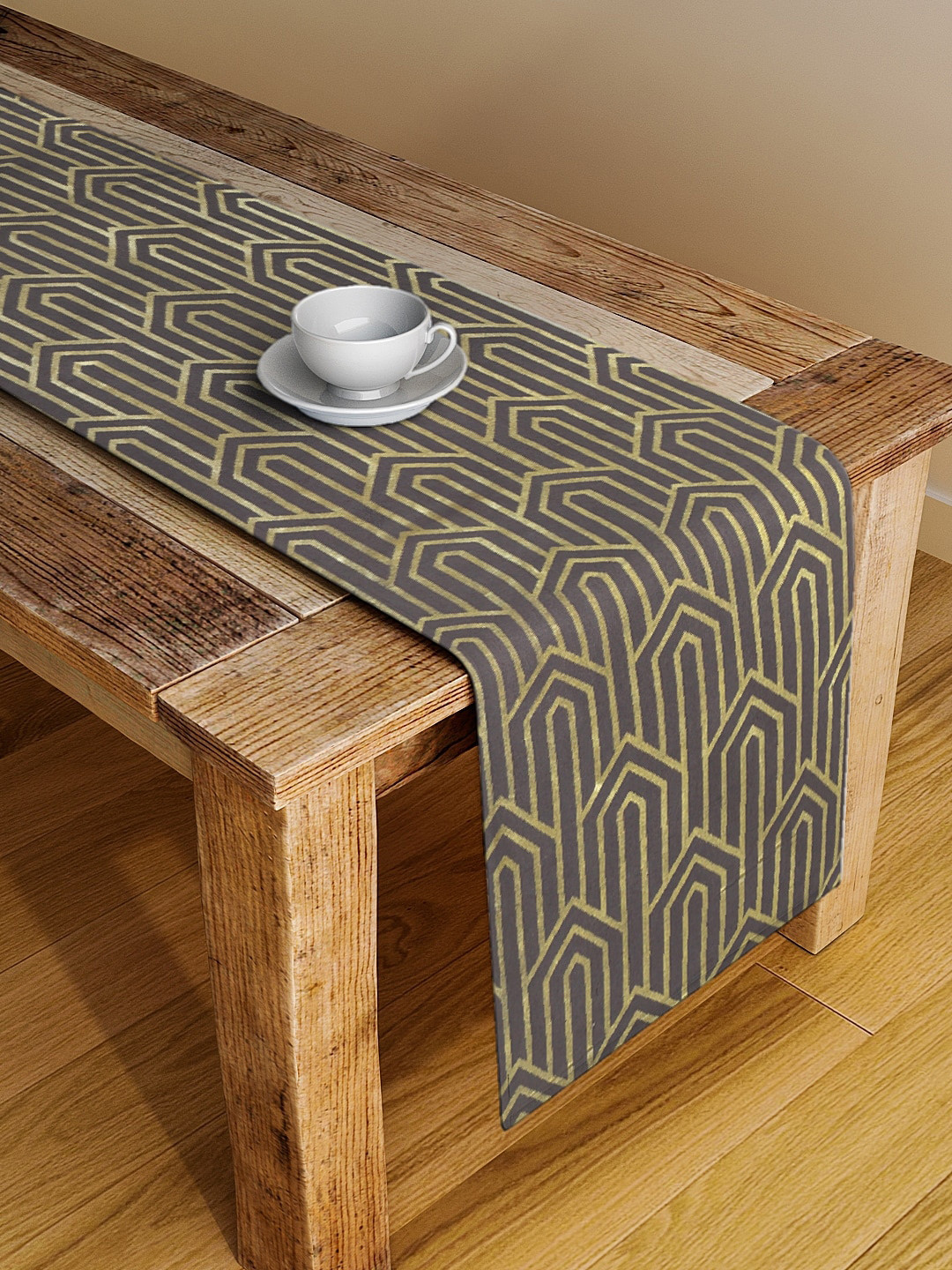 BLANC9 Grey & Gold-Toned Foil Printed Cotton Table Runner