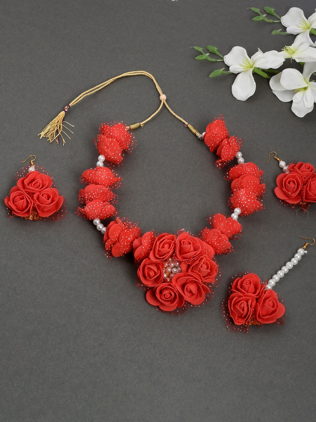 Silvermerc Designs Gold-Plated Red & White Gota Patti Floral Pearl Embellished Jewellery Set