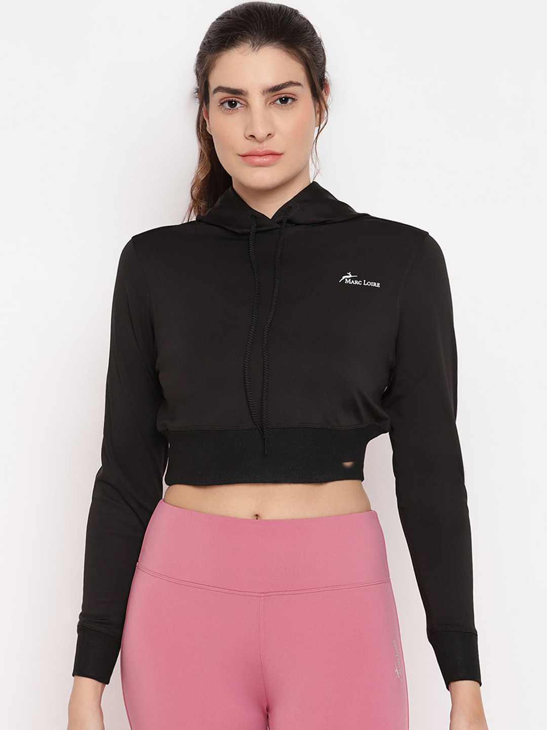 Marc Loire Women Black Solid Cropped Hooded Sweatshirt