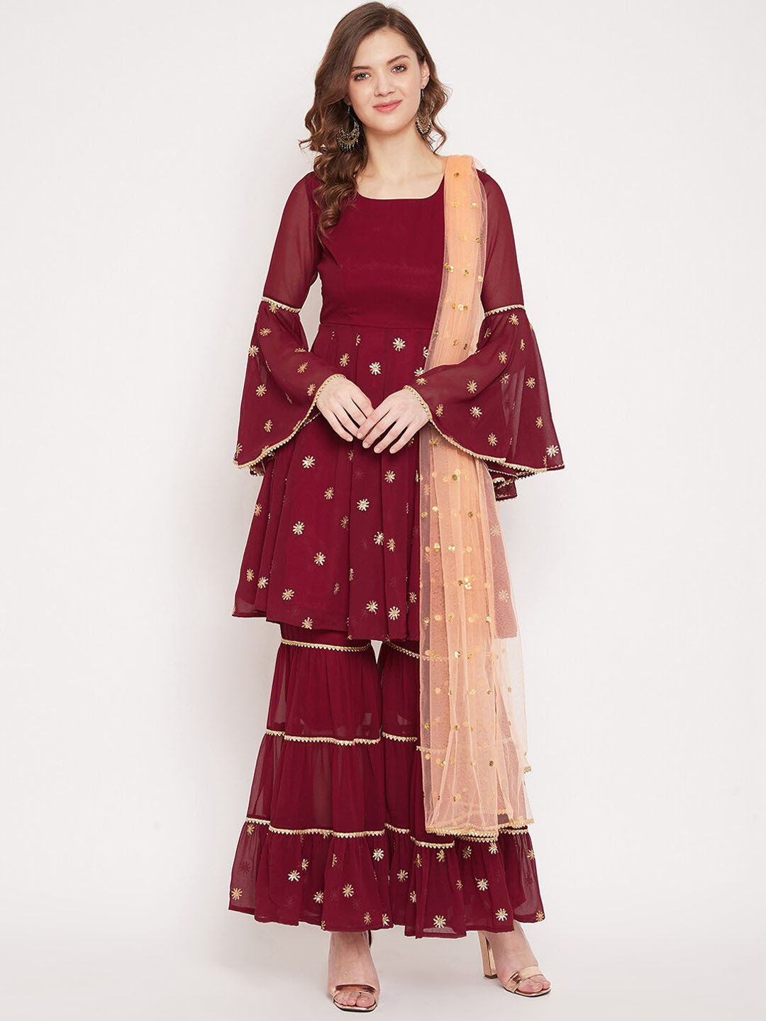 PANIT Women Maroon Embroidered Kurti with Sharara & Dupatta