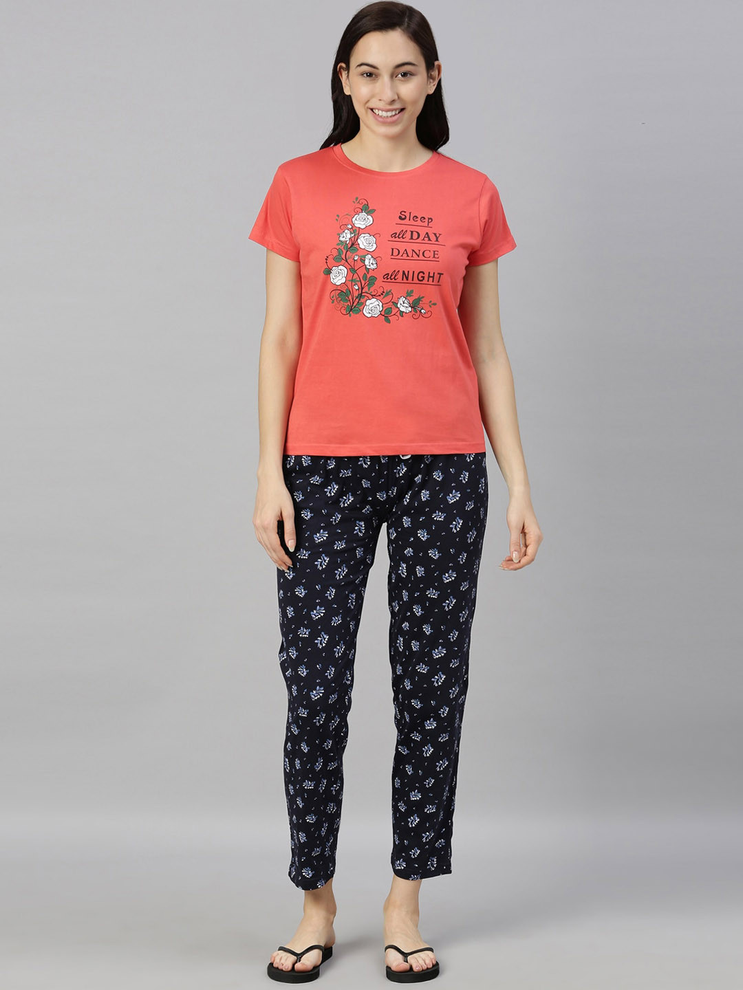 Kryptic Women Coral Pink & Navy Blue Printed Night suit