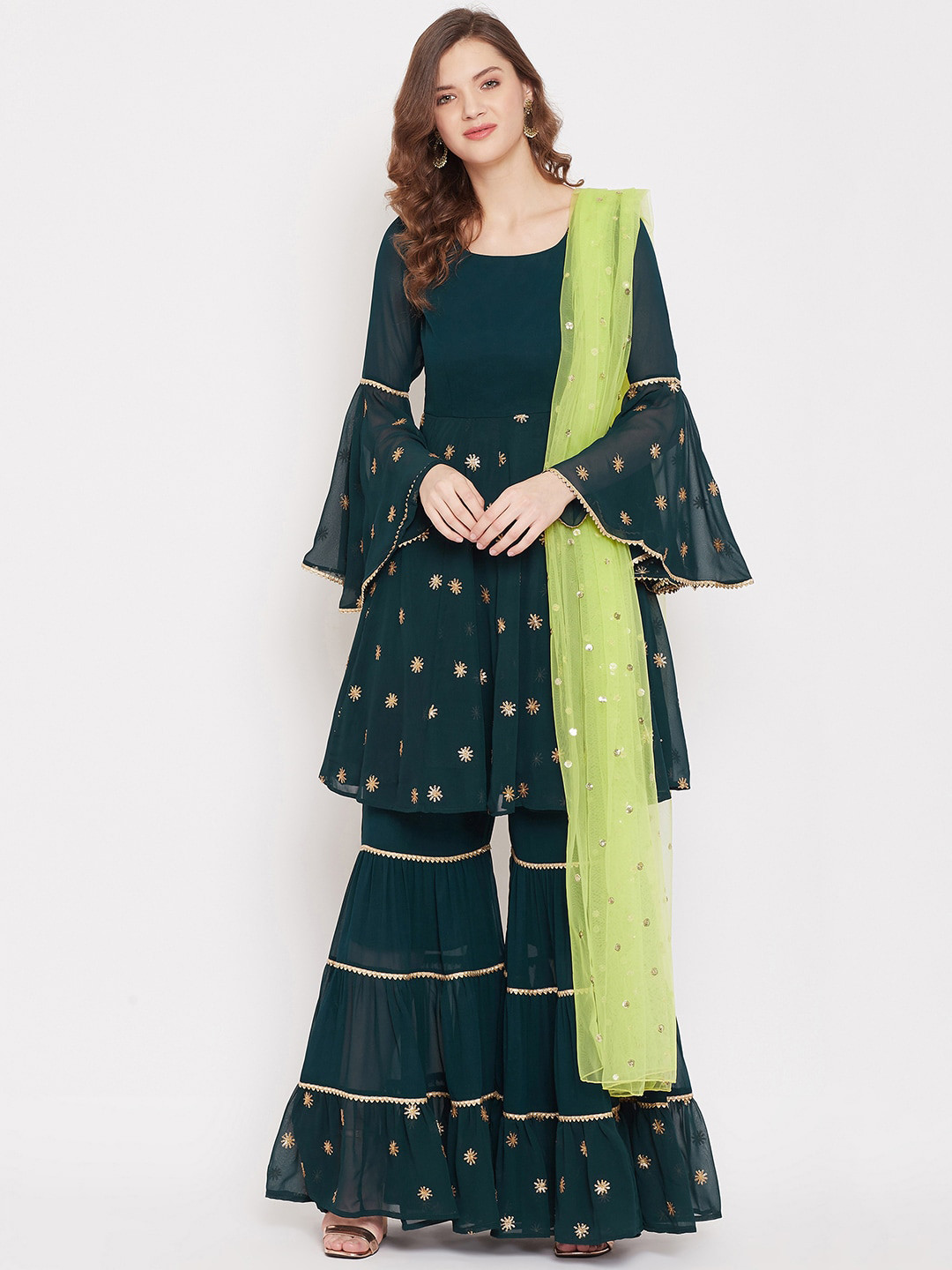 PANIT Women Green Self Design Kurta with Sharara & Dupatta