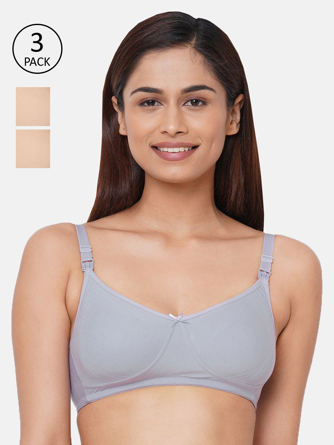 Inner Sense Beige & Grey Solid Non-Wired Non Padded Pack of 3 Maternity Bra