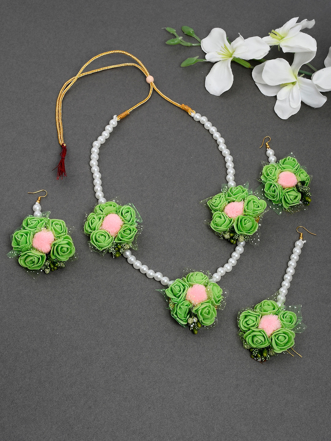 Silvermerc Designs Gold Plated White & Green Pearl Beaded Gota Patti Flower Jewellry Set