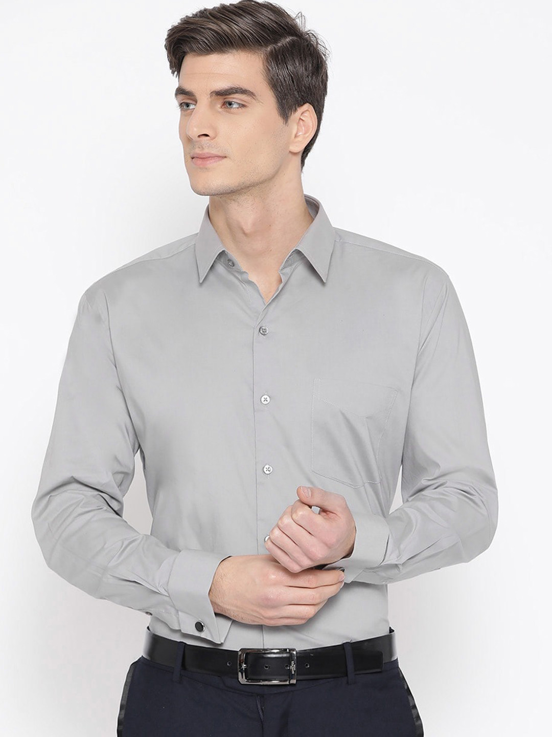 Hancock Men Grey Solid French Cuff Slim Fit Pure Cotton Formal Shirt