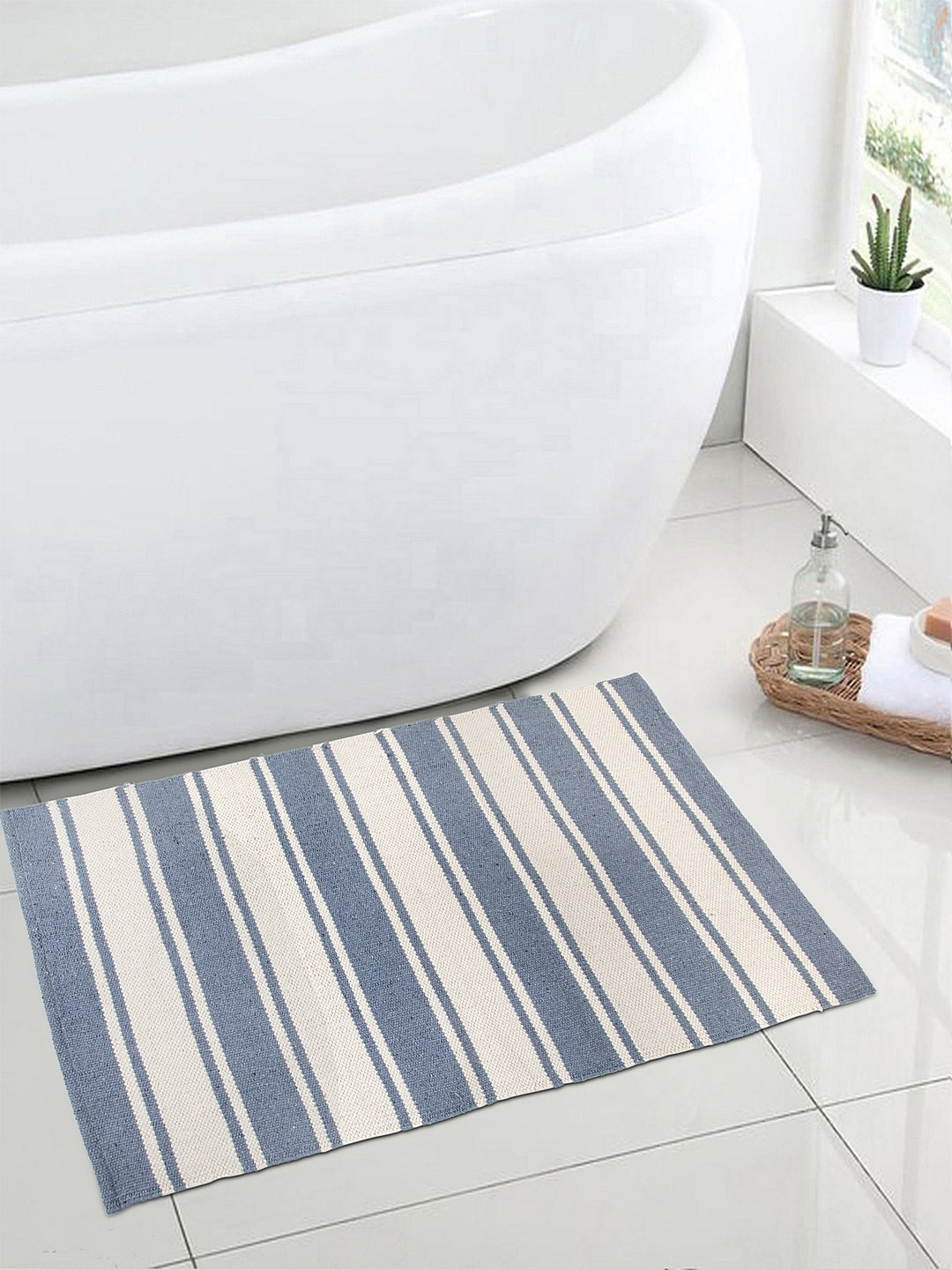 BLANC9 Grey & Off-White Striped Cotton Floor Mat