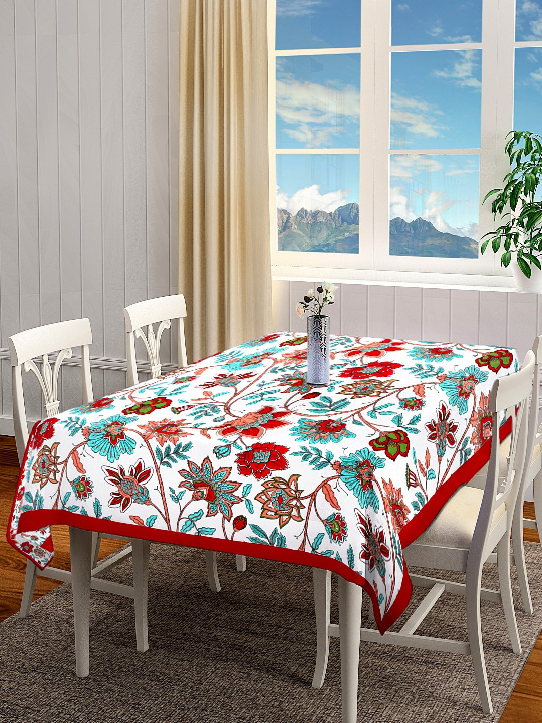 BLANC9 White & Red Floral Printed Rectangular Cotton Table Cover