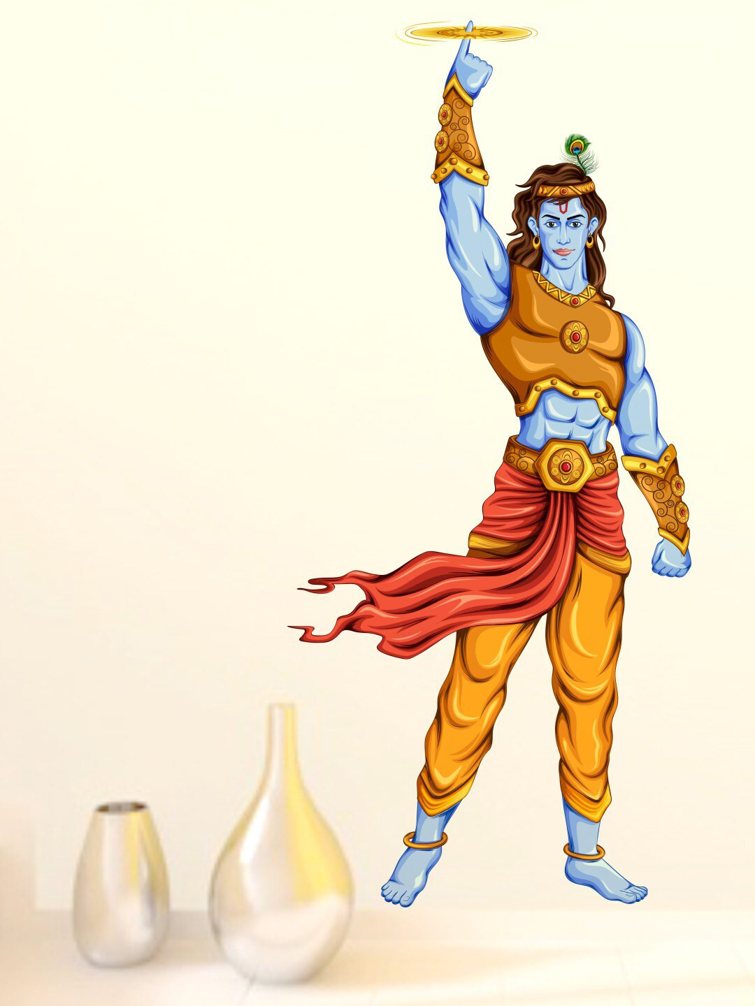rawpockets Blue & Brown Lord Krishna & Sudarshana Chakra PVC Vinyl Wall Sticker