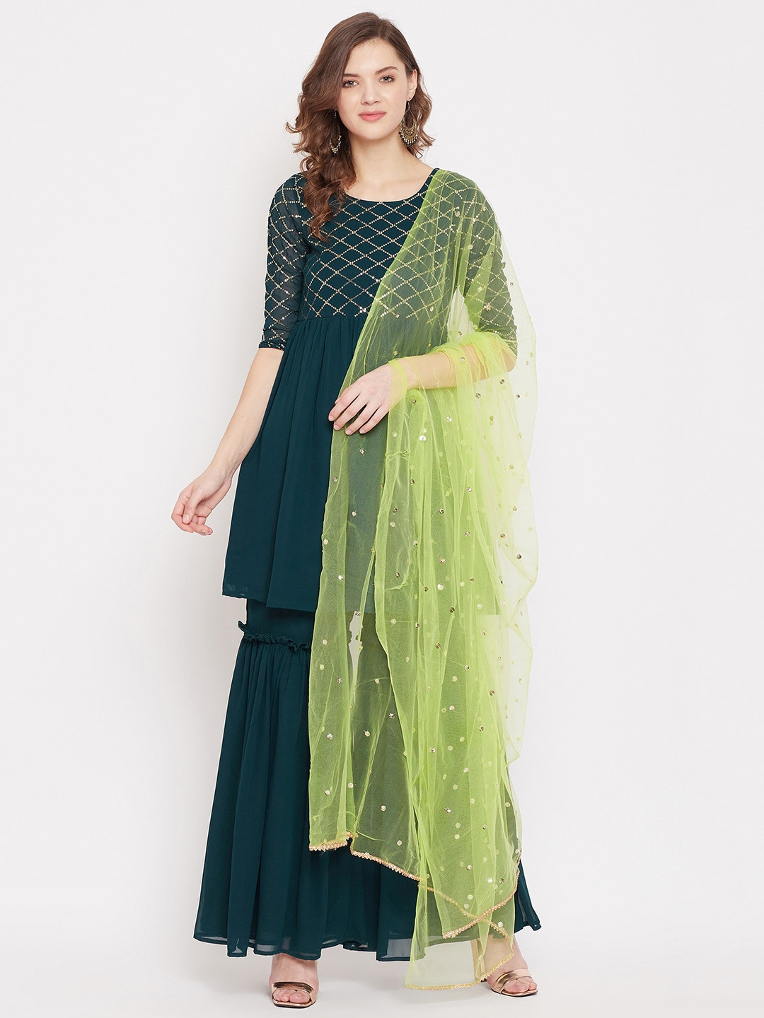 PANIT Women Green Solid Kurti with Sharara & Dupatta