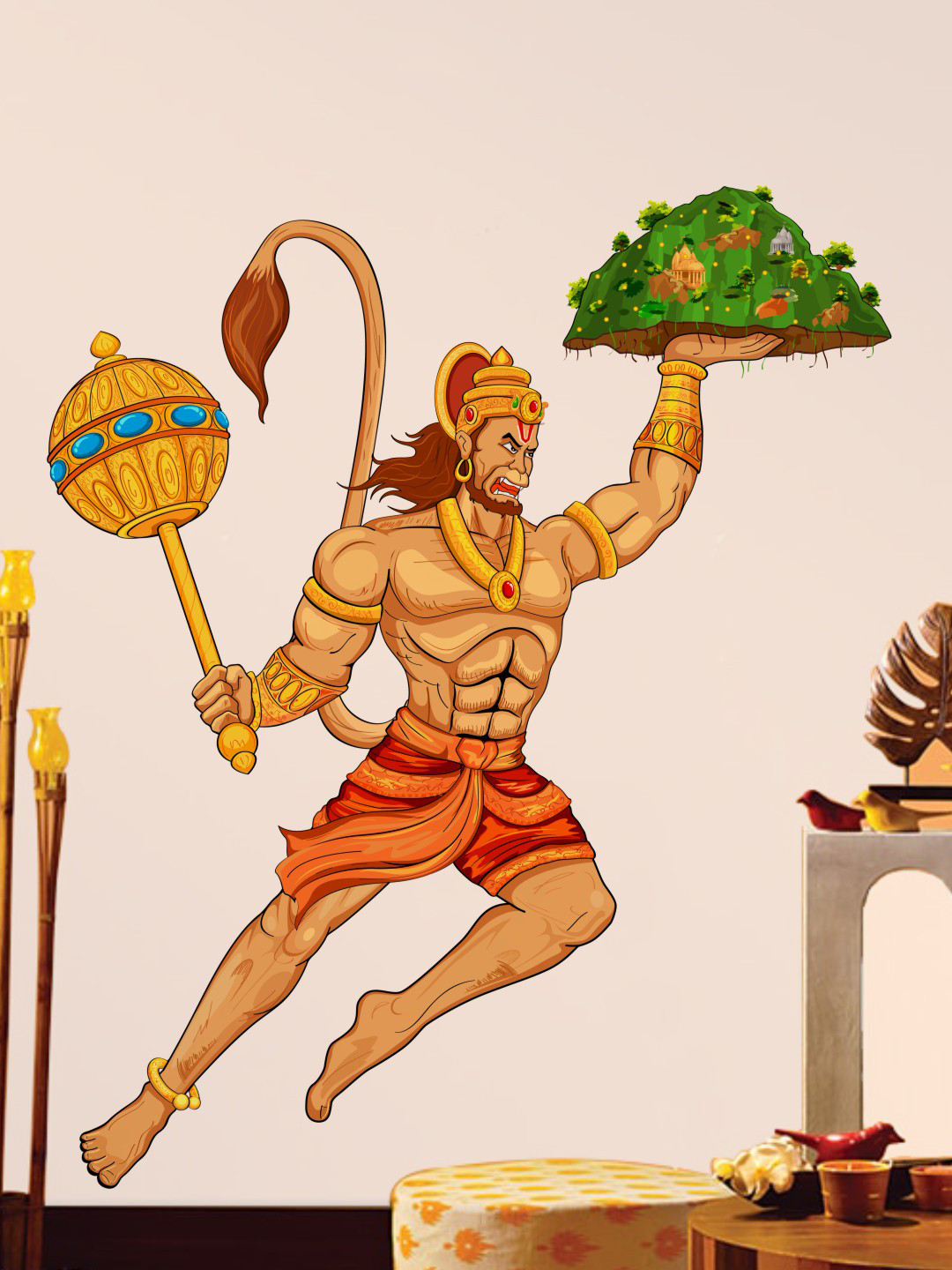 rawpockets Beige & Orange Lord Hanuman Carrying Sanjeevani Hills Wall Sticker