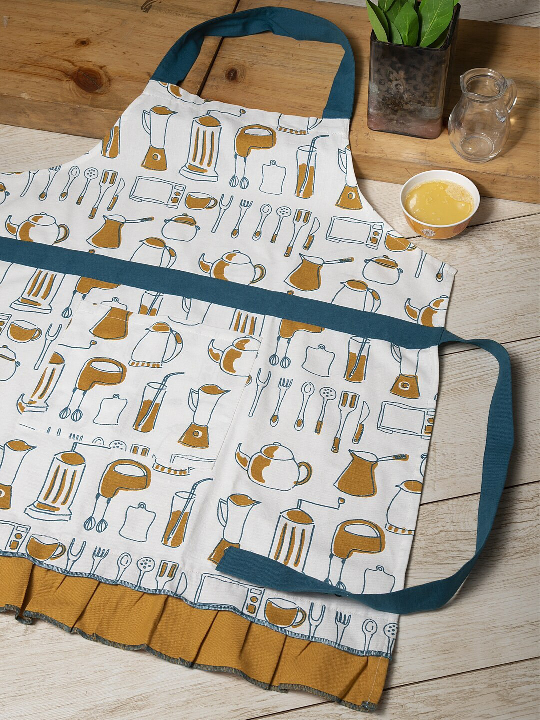 BLANC9 Unisex White & Yellow Printed Cotton Apron