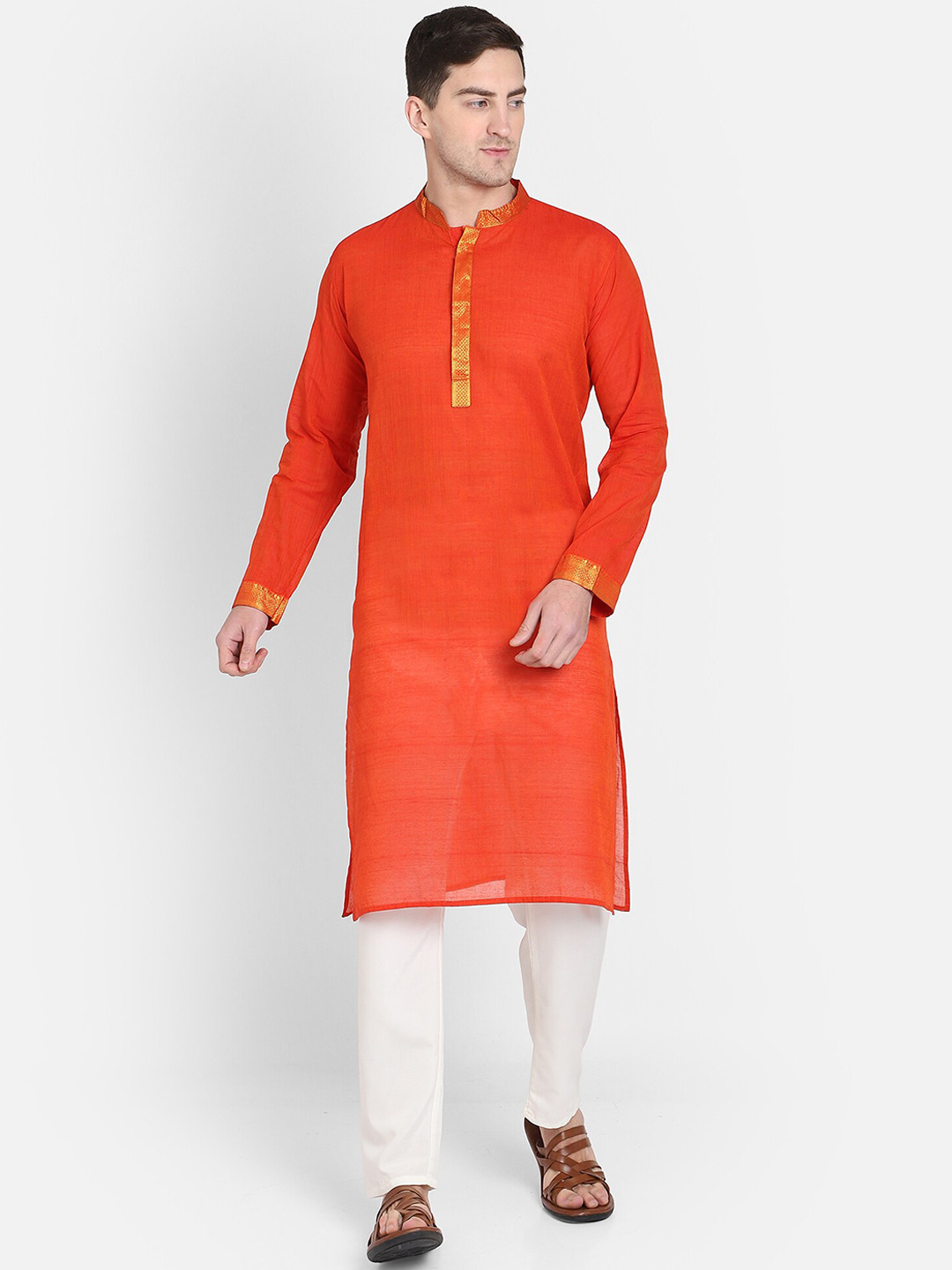 PAROKSH Men Orange Thread Work Handloom Kurta