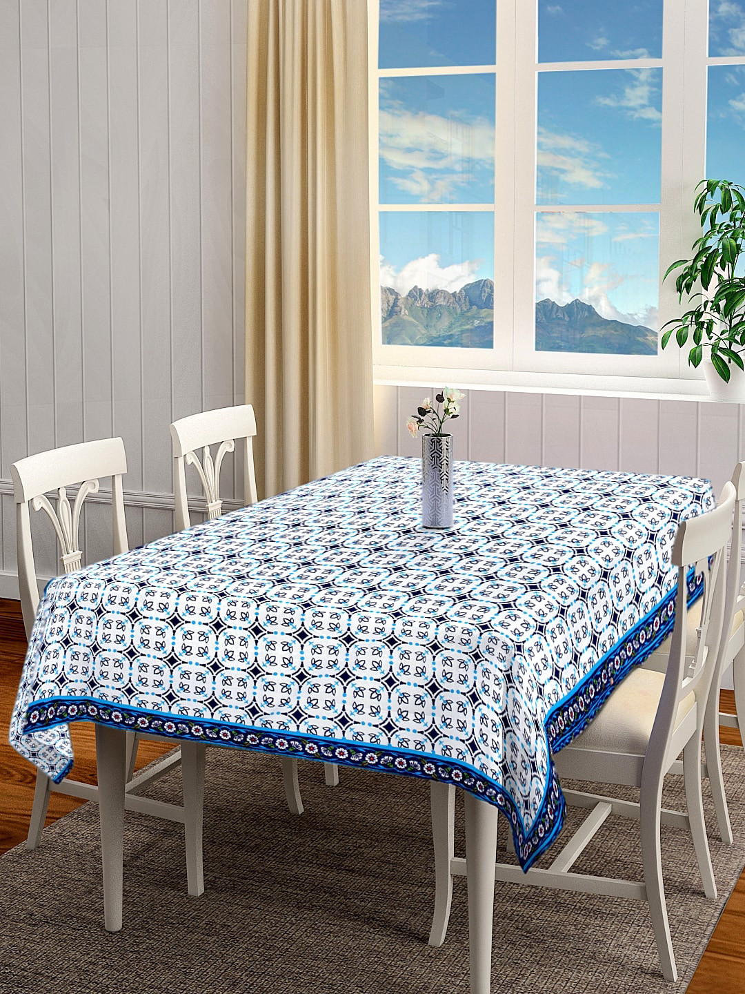 BLANC9 Blue & White Floral Printed Rectangular Cotton Table Cover