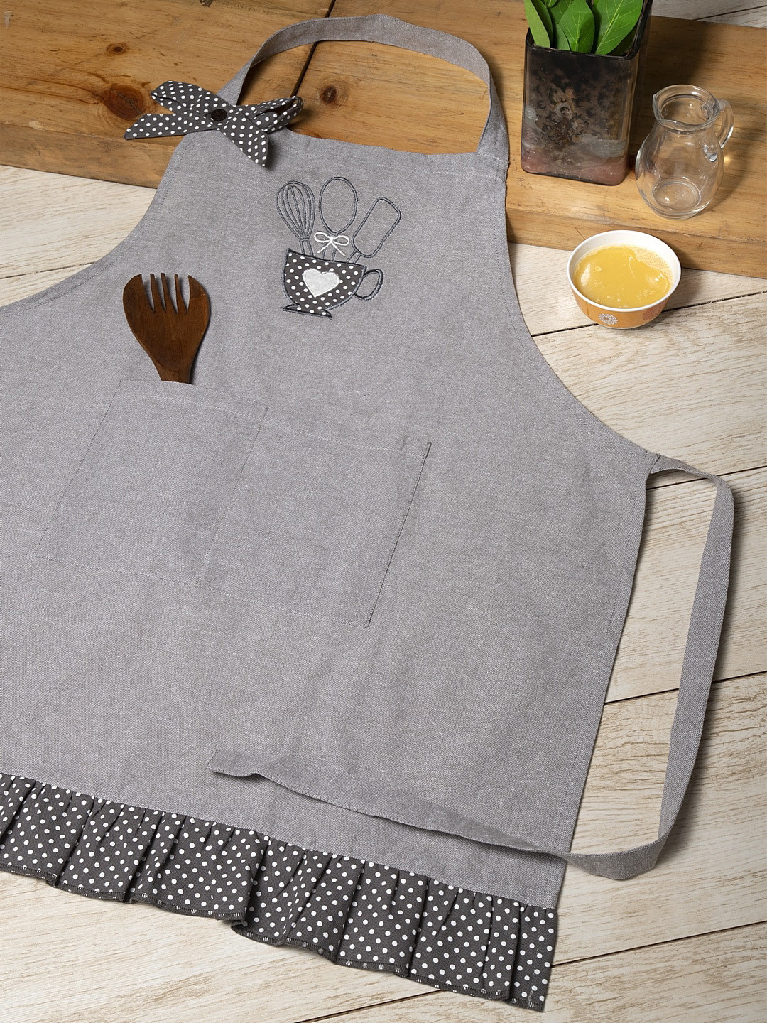 BLANC9 Unisex Grey & White Embroidered Cotton Apron
