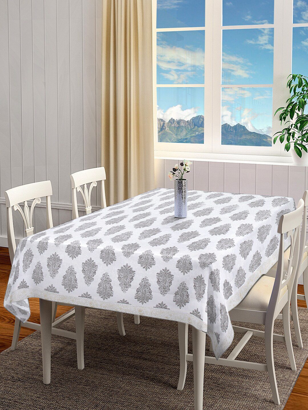 BLANC9 White & Grey Ethnic Motifs Printed Rectangular Cotton Table Cover