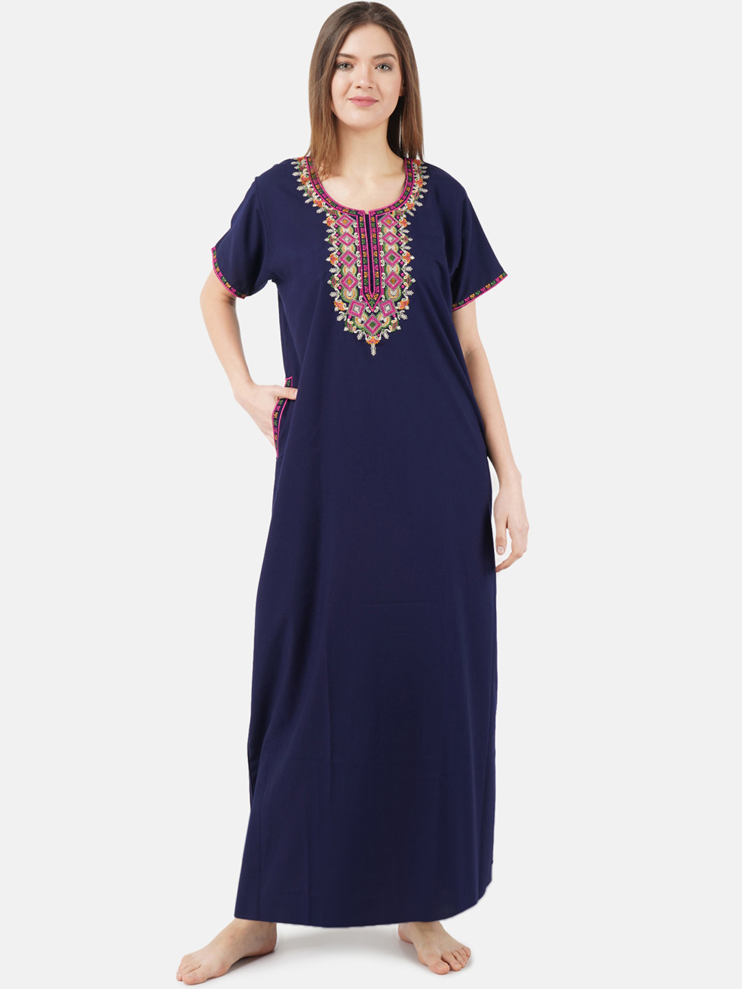 KOI SLEEPWEAR Navy Blue & Pink Embroidered Cotton Nightdress