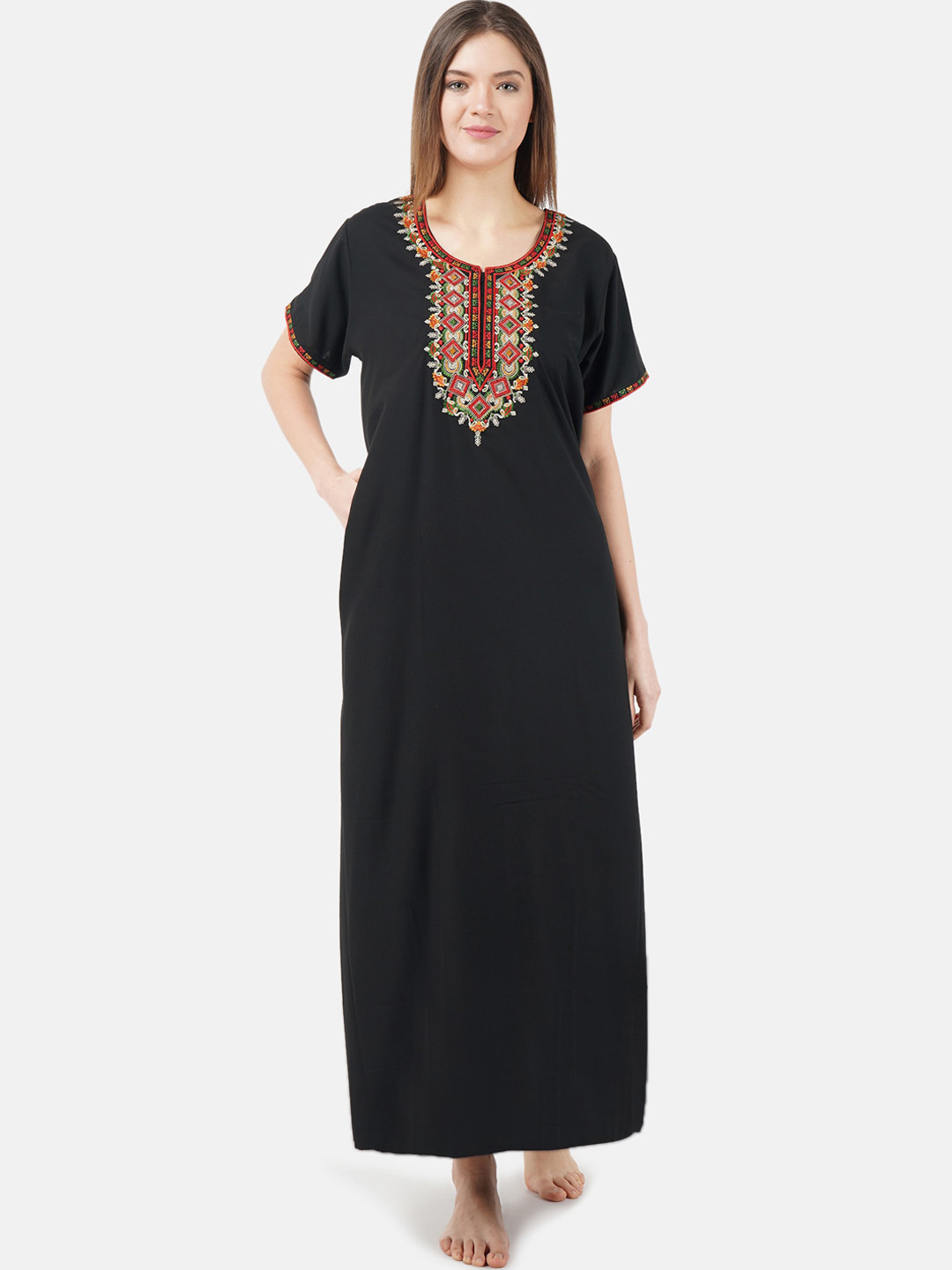 KOI SLEEPWEAR Black Embroidered Lissybissy Cotton Maxi Nightdress