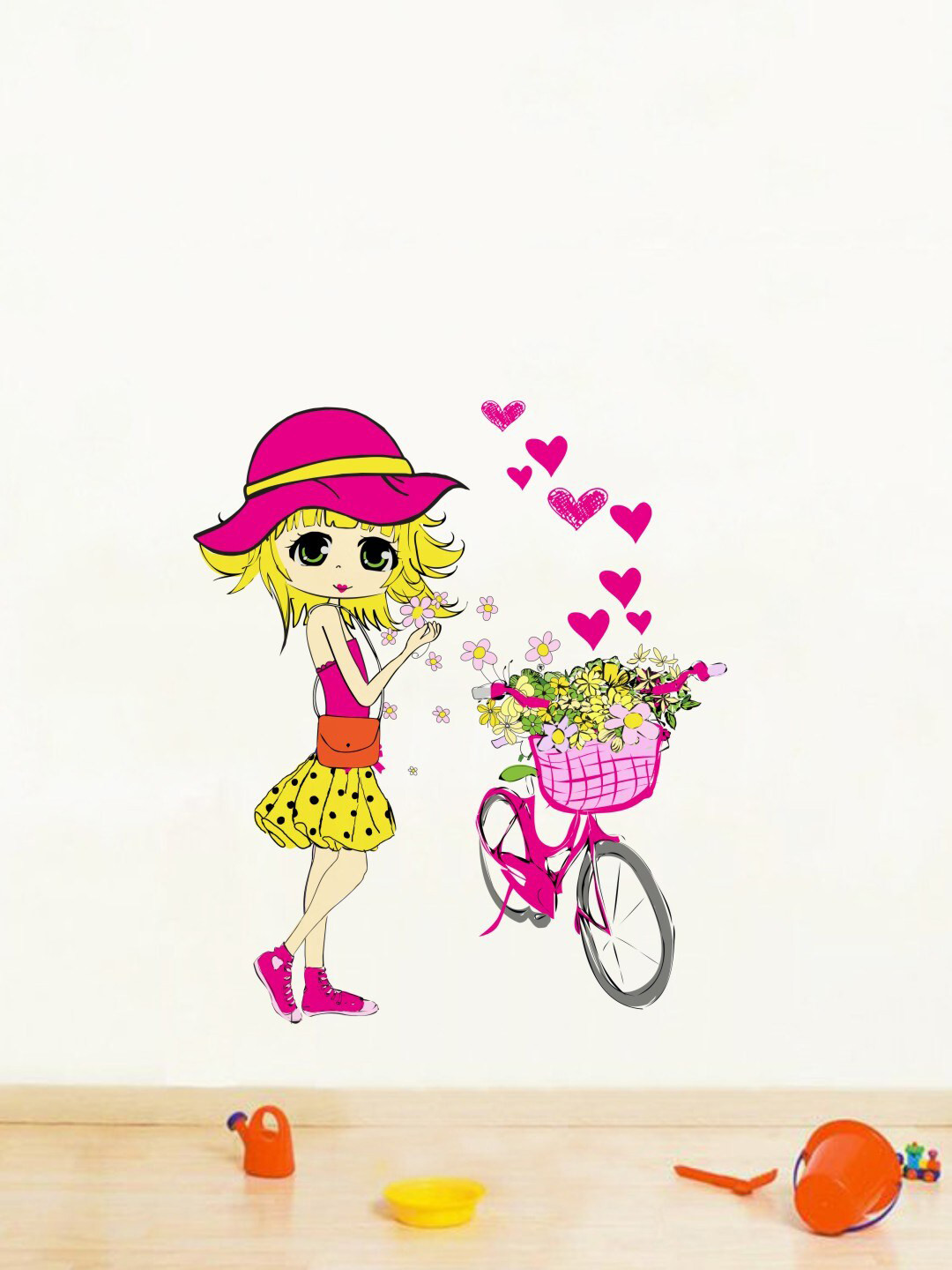 rawpockets Pink & Yellow Cute Girl and Cycle PVC Vinyl Wall Sticker