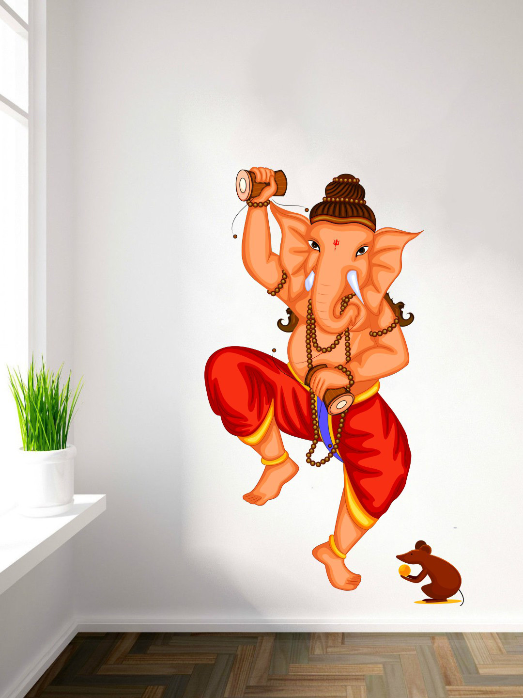 rawpockets Orange & Brown Dancing Ganesha And Mouse PVC Vinyl Wall Sticker