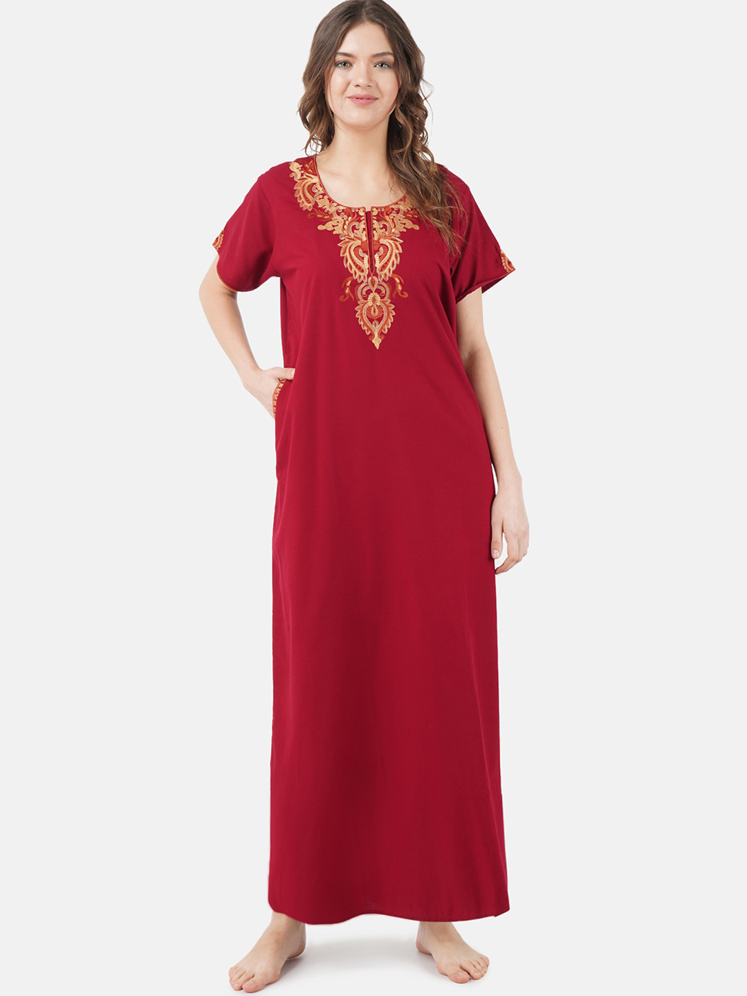 KOI SLEEPWEAR Woman Red Embroidered Cotton Nightdress With Pockets