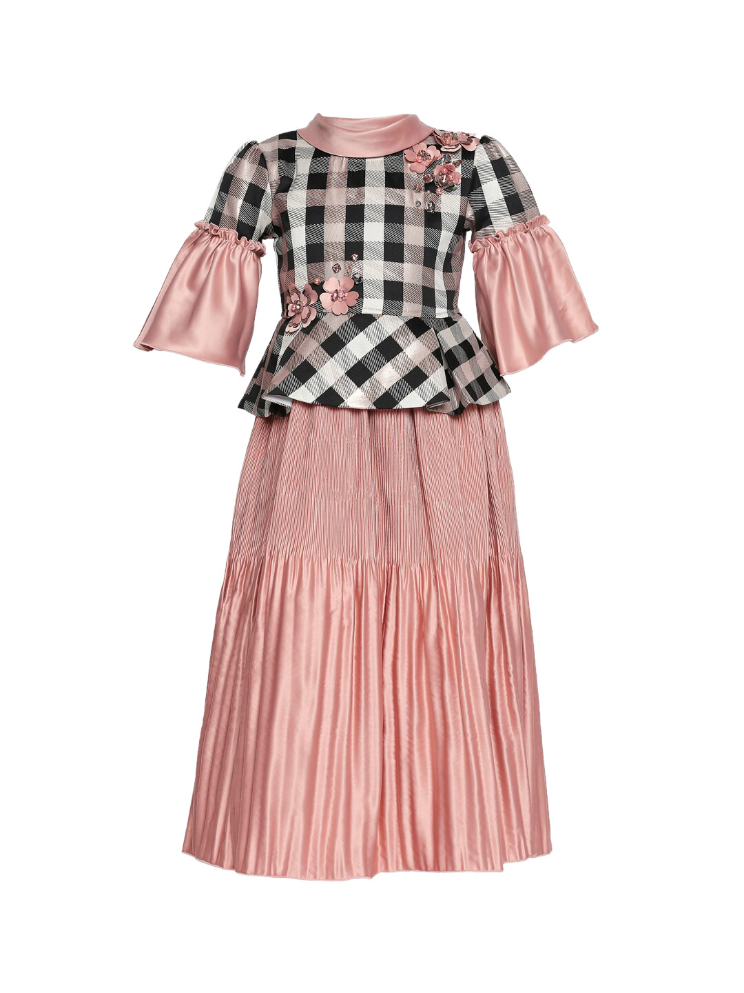 Tiny Baby Girls Peach-Coloured & Black Checked Peplum Dress