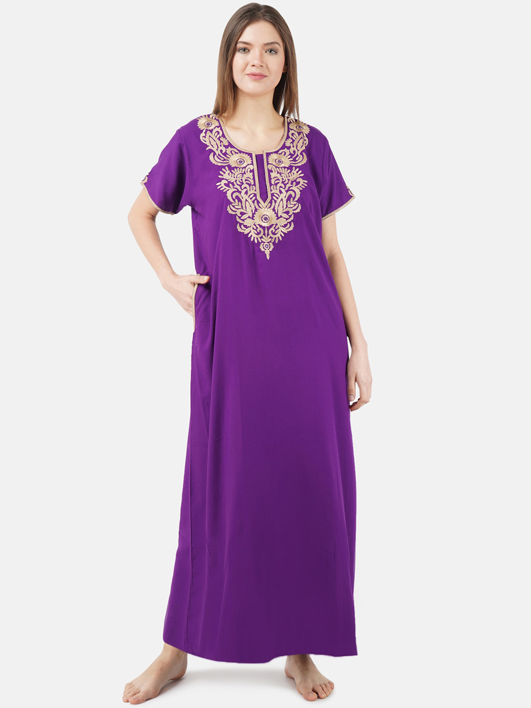 KOI SLEEPWEAR Purple & Beige Embroidered Lissybissy Cotton Maxi Nightdress