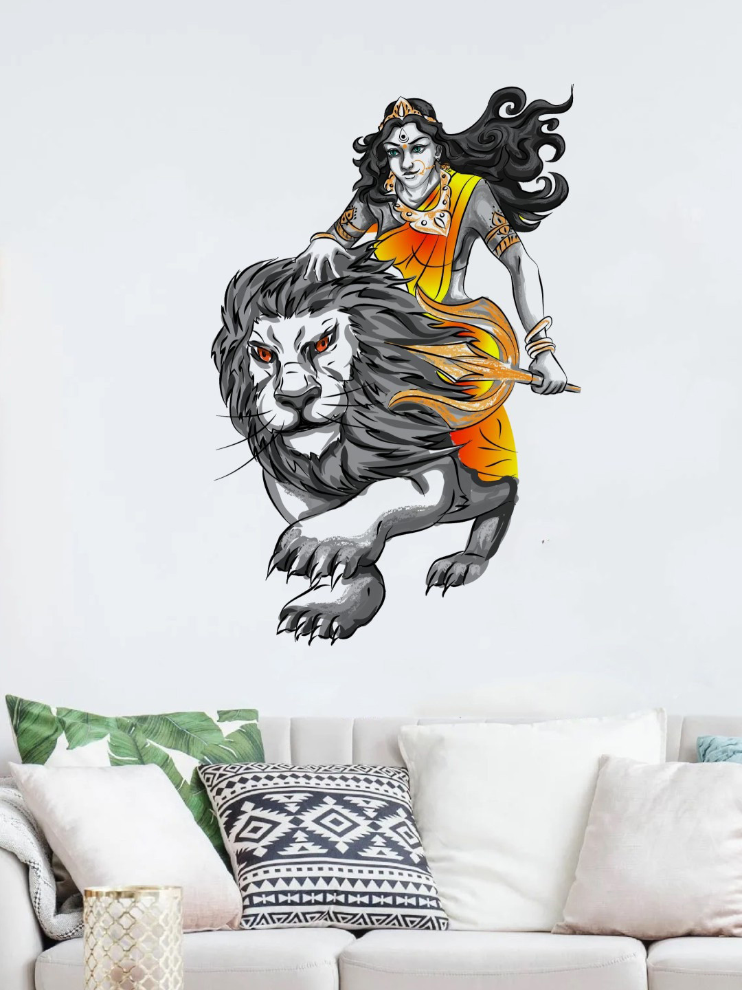 rawpockets Grey & Yellow Durga With Lion PVC Vinyl Wall Sticker