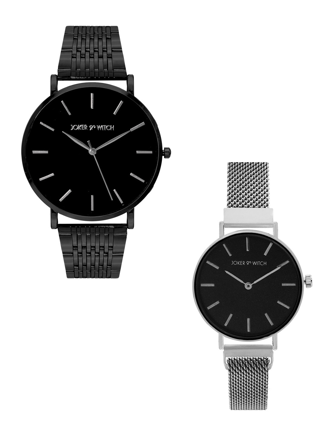 JOKER & WITCH Unisex Black & Silver-Toned Michael & Jackie Couple Watch Gift Set JWCW198