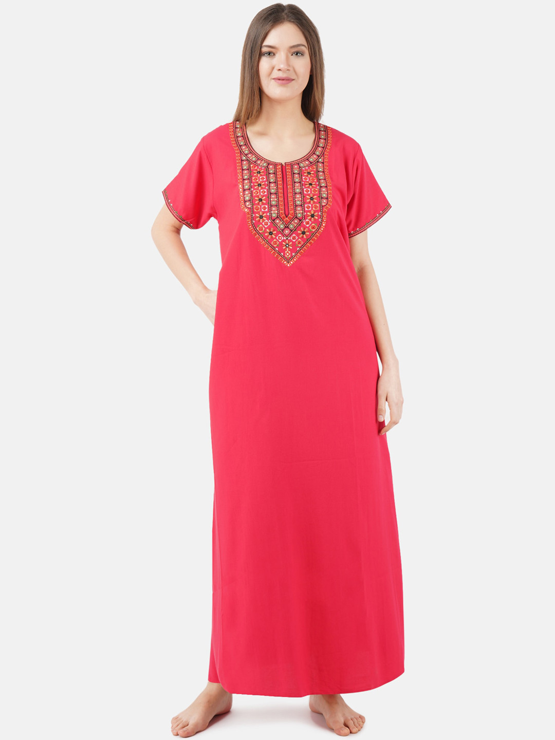 KOI SLEEPWEAR Peach & Green Embroidered Lissybissy Cotton Mirror Maxi Nightdress